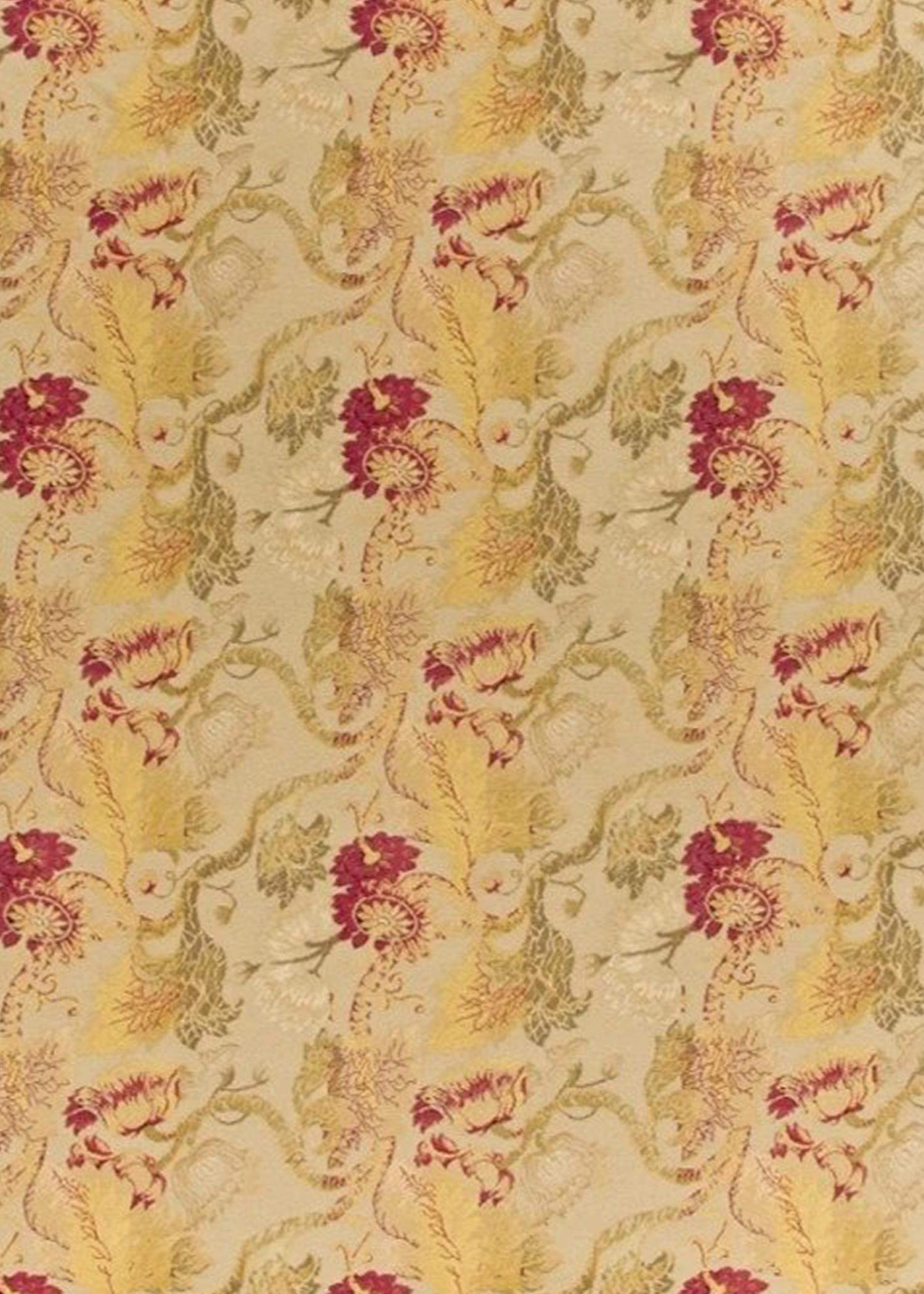 Inspired by an unusual antique Bessarabian rug, Bassar features climbing vines in celery green, Chinese red and gold, framed by a stylized flower border. Combining ancient Savonnerie dyeing and weaving methods with a loop weave invented by Asmara,