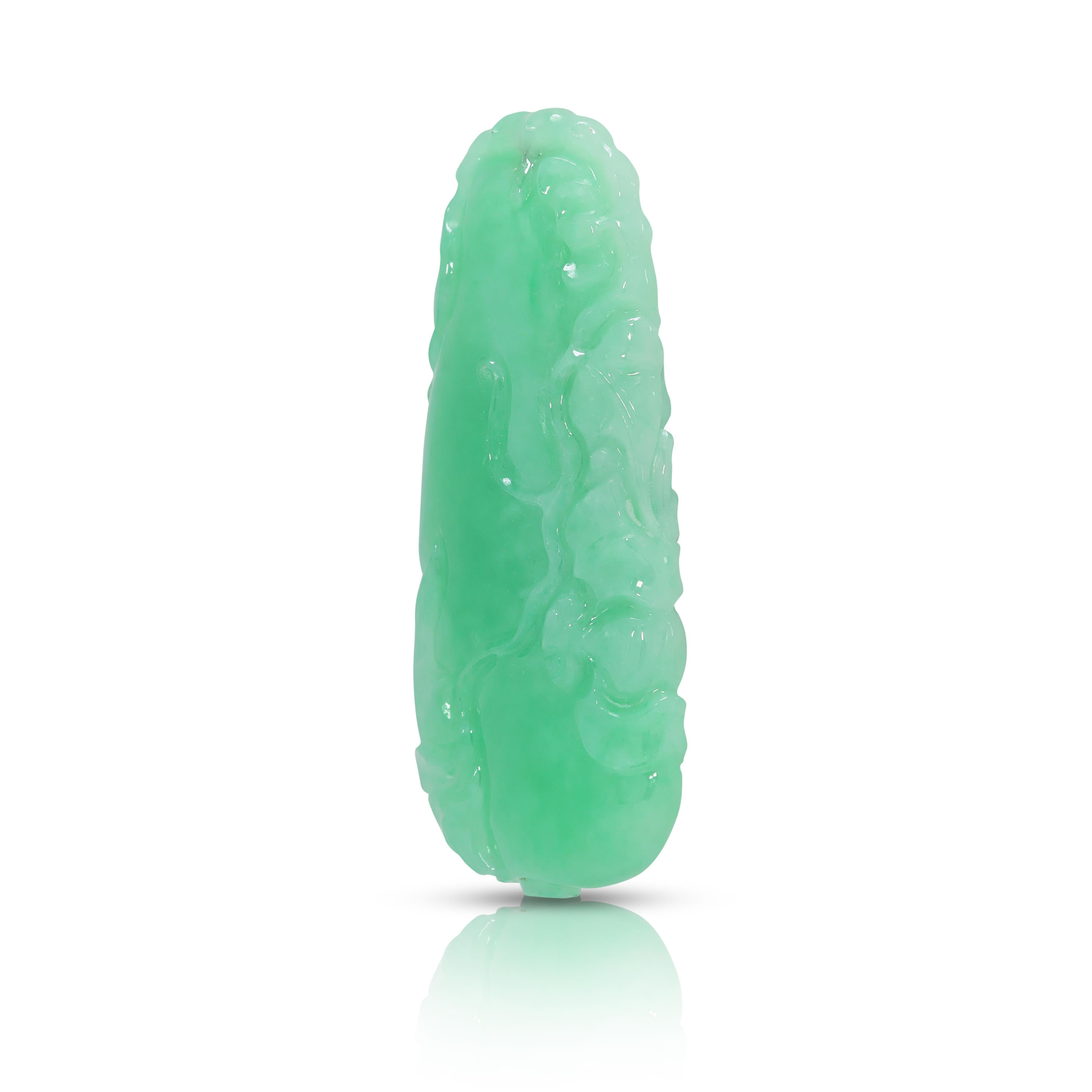 One of a Kind 108.83ct Type A Jadeite Pendant - Carved Melon & Bat In New Condition For Sale In רמת גן, IL