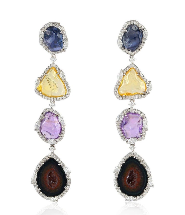 One of a Kind 12.97 Carat Geode Sapphire 18 Karat Gold Diamond Earrings ...