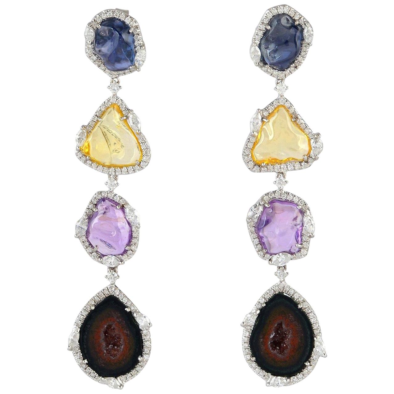 One of a Kind 12.97 Carat Geode Sapphire 18 Karat Gold Diamond Earrings