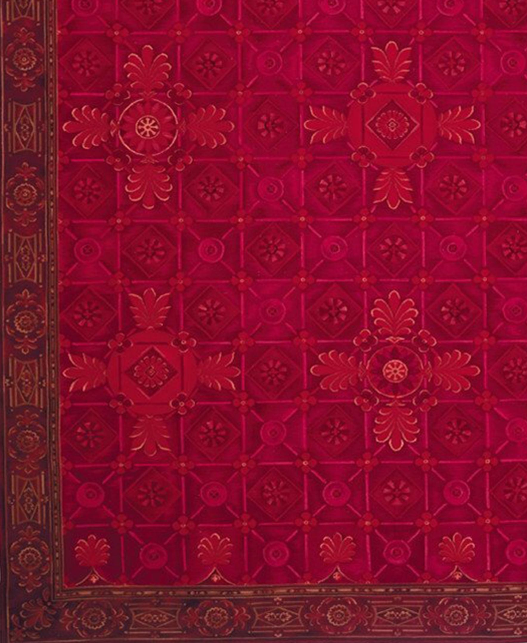 The Pamplona rug is based on an original Asmara painting by Russian artist Ludmila Slavinsky who imbued the rug with the drama of the Spanish city. A thousand tonal shades of reds from ruby to Cabernet are complimented by gold and beige in a design