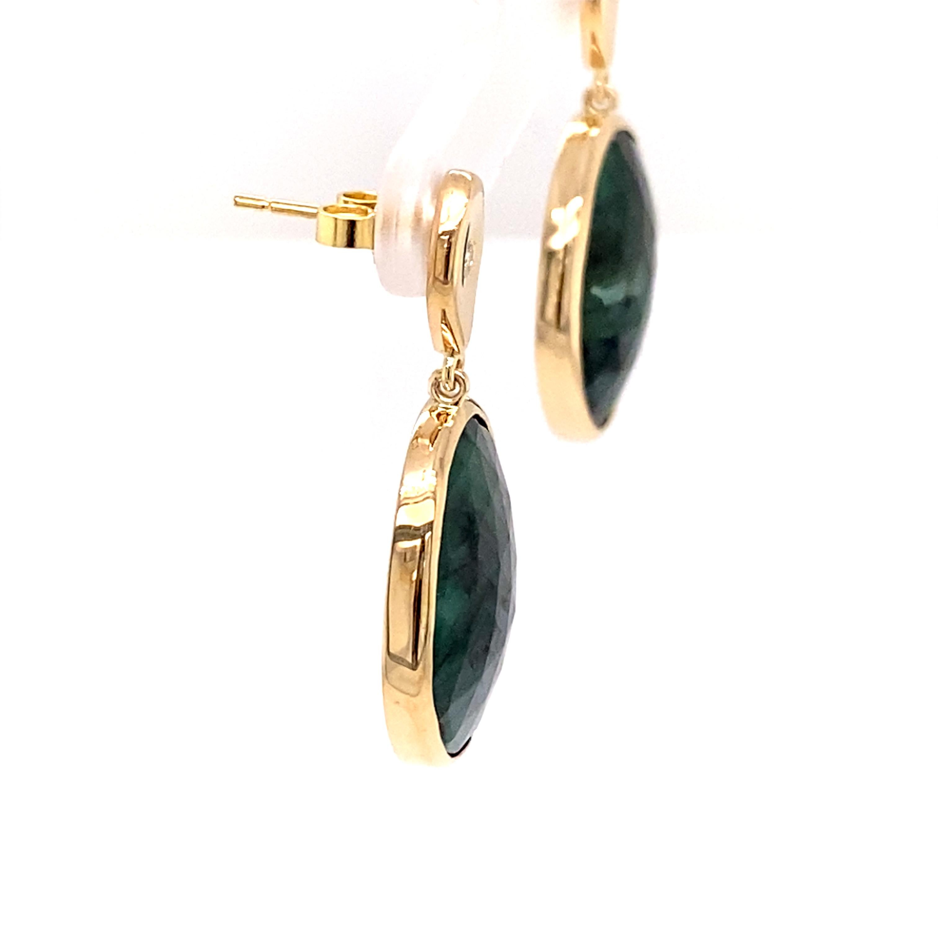 One of a Kind 14k Yellow Gold and Diamond Teardrop Oval Emerald Slice Earrings In New Condition For Sale In New York City, NY