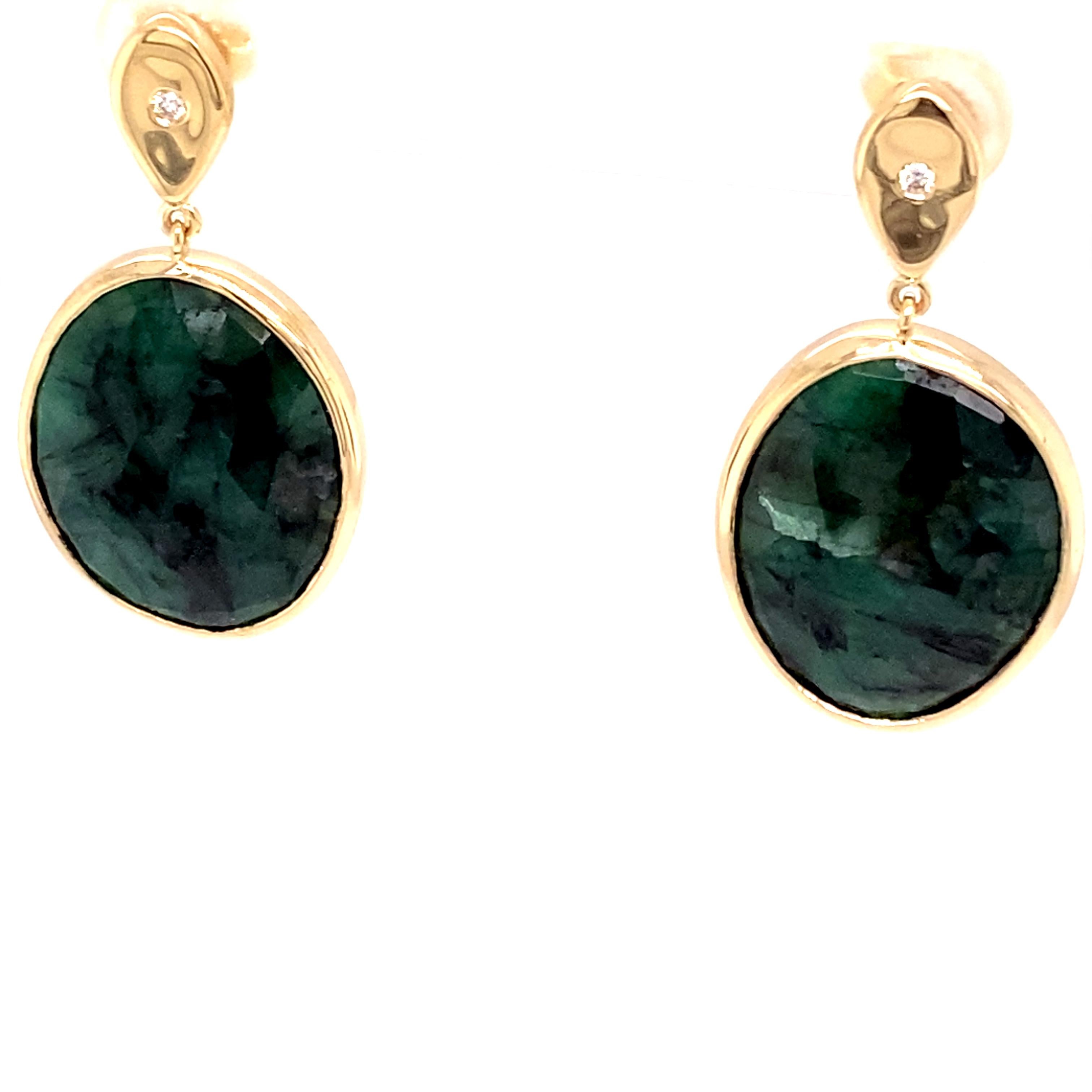 One of a Kind 14k Yellow Gold and Diamond Teardrop Oval Emerald Slice Earrings For Sale 1