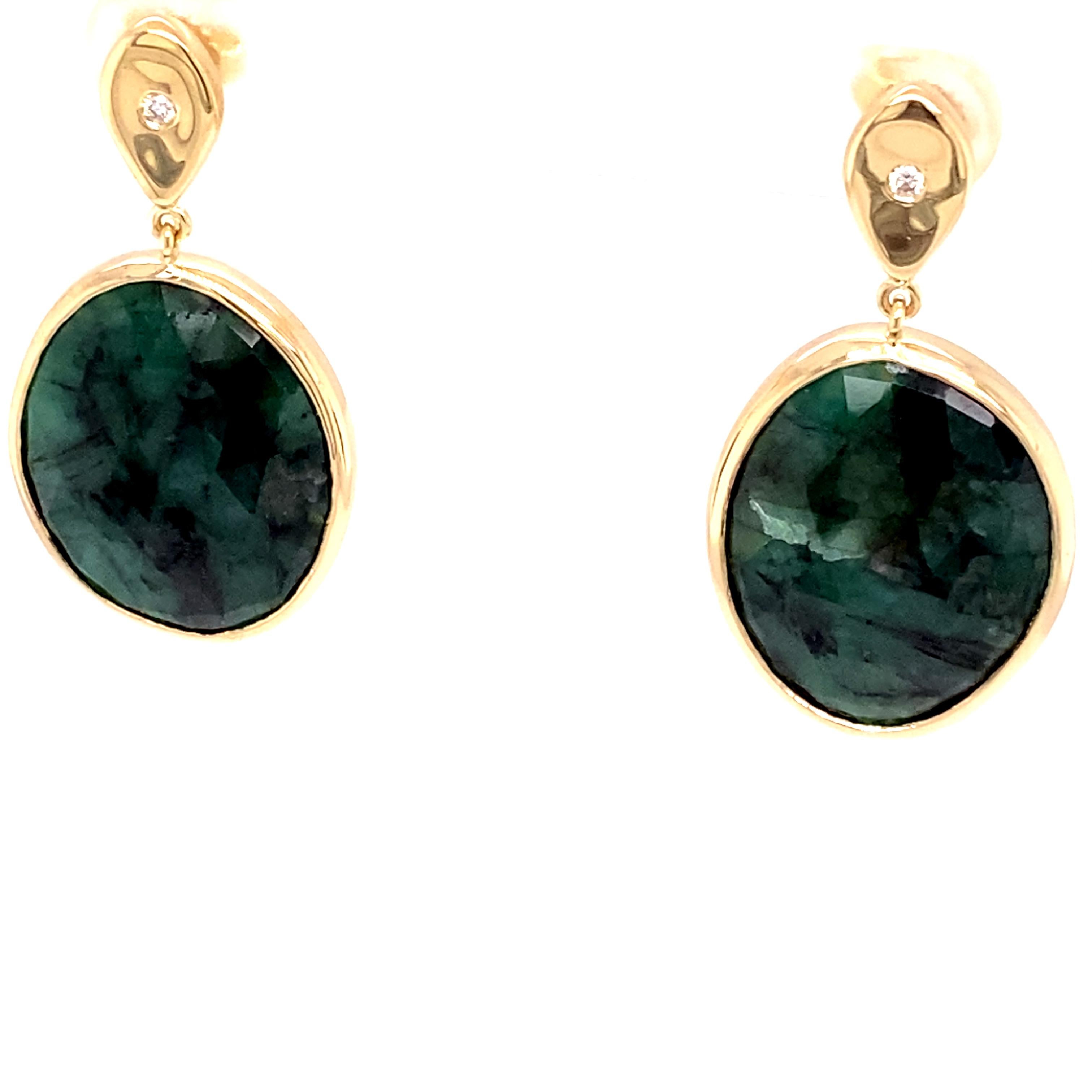 One of a Kind 14k Yellow Gold and Diamond Teardrop Oval Emerald Slice Earrings For Sale 1