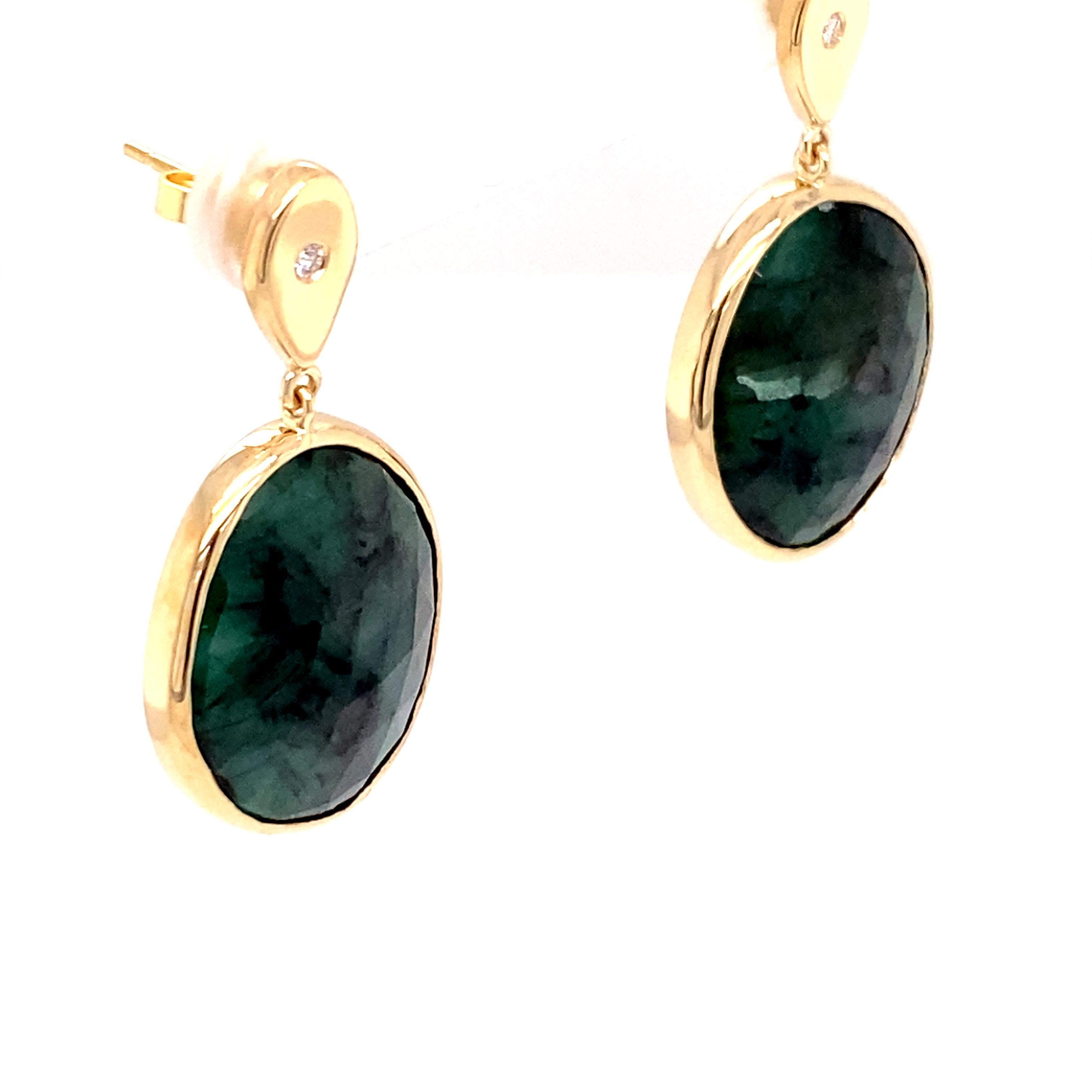 One of a Kind 14k Yellow Gold and Diamond Teardrop Oval Emerald Slice Earrings For Sale 3