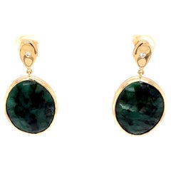One of a Kind 14K Yellow Gold and Diamond Teardrop Oval Emerald Slice Earrings