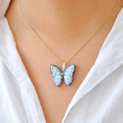 One of a Kind 14K Yellow Gold Butterfly Agate Diamond Pendant Necklace