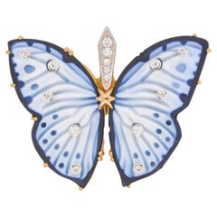 One of a Kind 14K Gelbgold Schmetterling Achat Diamant Anhänger Halskette