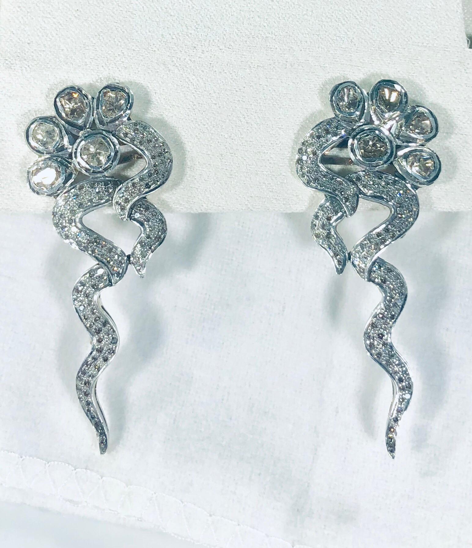 One of a Kind 14 Karat and Sterling Diamond Avant Garde Fashion Earrings In Excellent Condition In Mansfield, OH