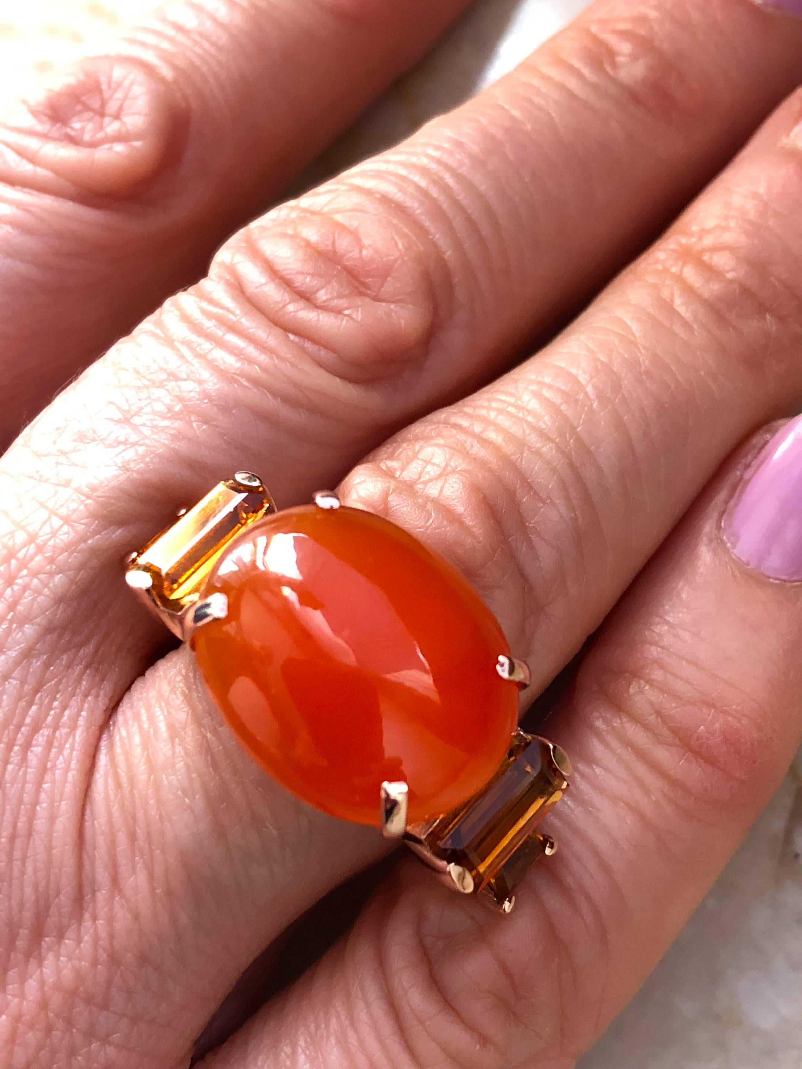 One-of-a-Kind 15 Carat Natural Carnelian Cabochon Citrine Baguette Cocktail Ring 4