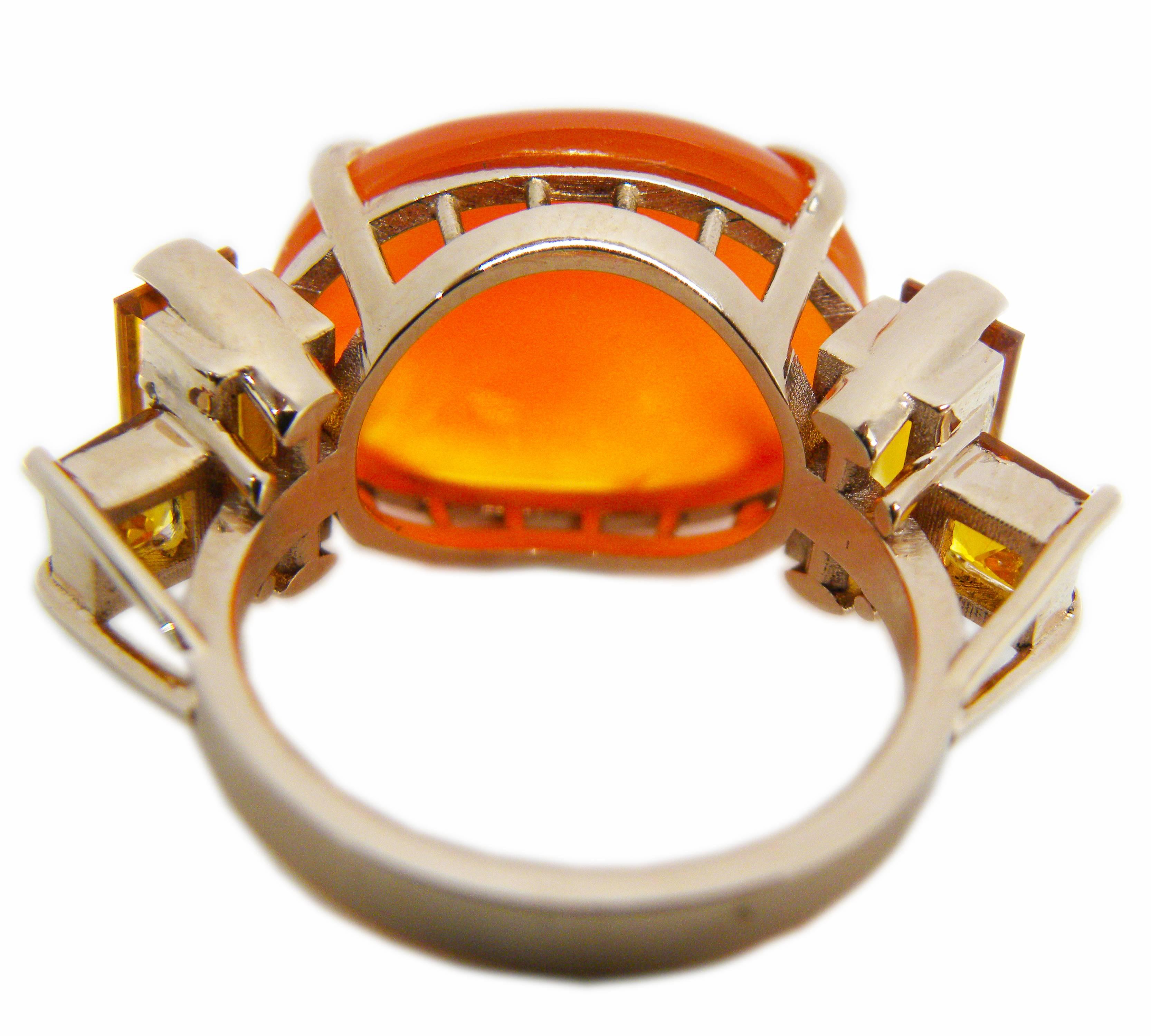 One-of-a-Kind 15 Carat Natural Carnelian Cabochon Citrine Baguette Cocktail Ring 5