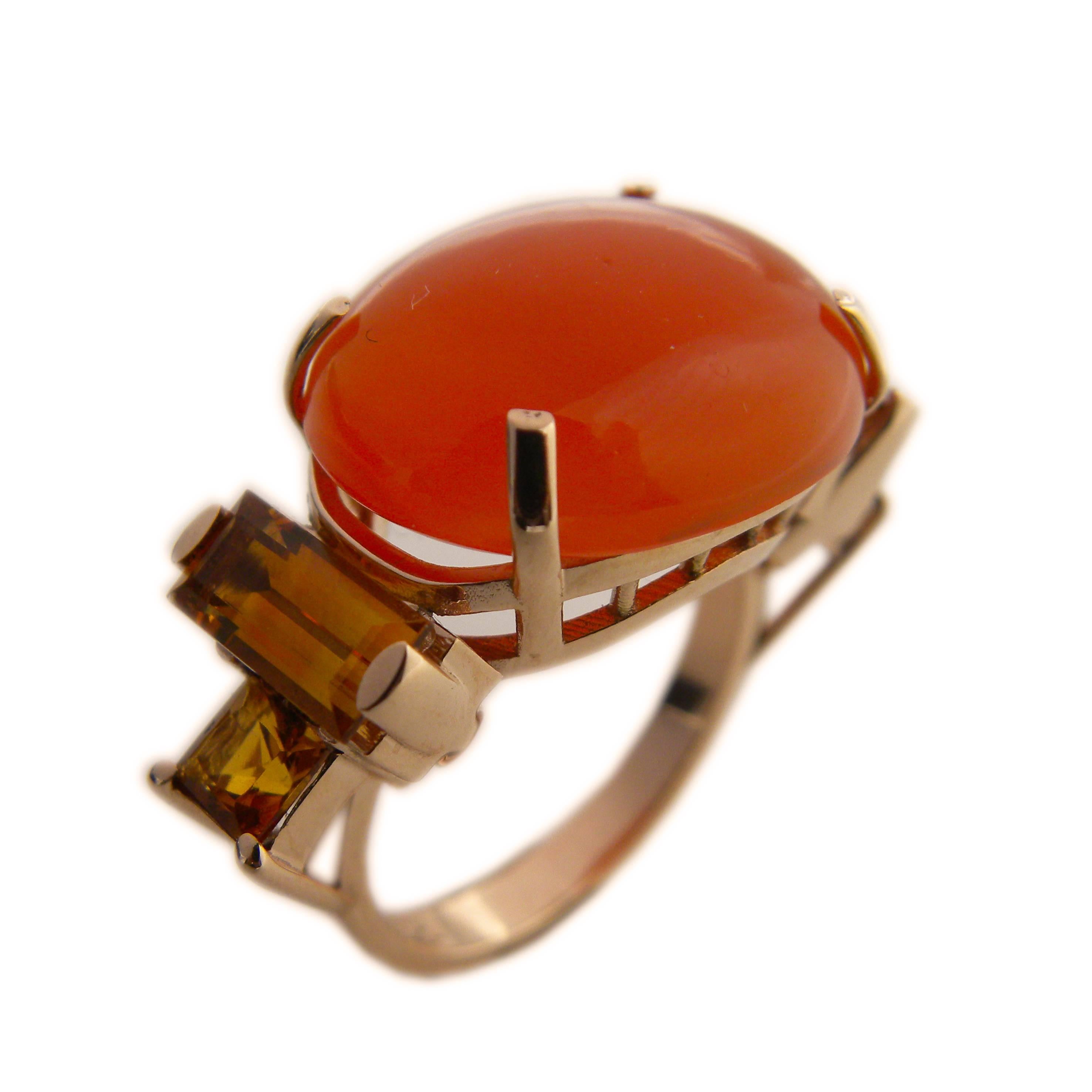Contemporary One-of-a-Kind 15 Carat Natural Carnelian Cabochon Citrine Baguette Cocktail Ring