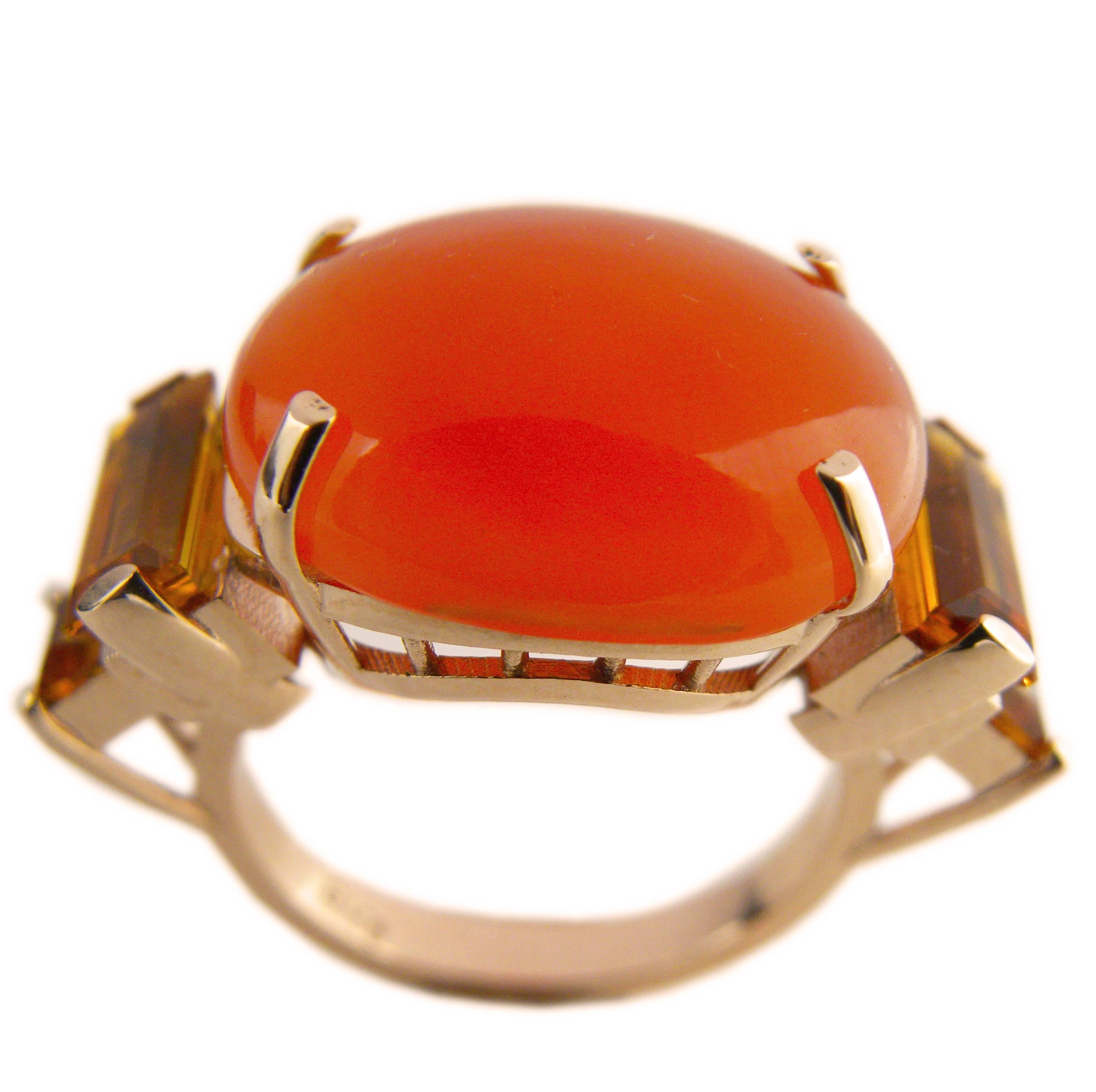 Oval Cut One-of-a-Kind 15 Carat Natural Carnelian Cabochon Citrine Baguette Cocktail Ring