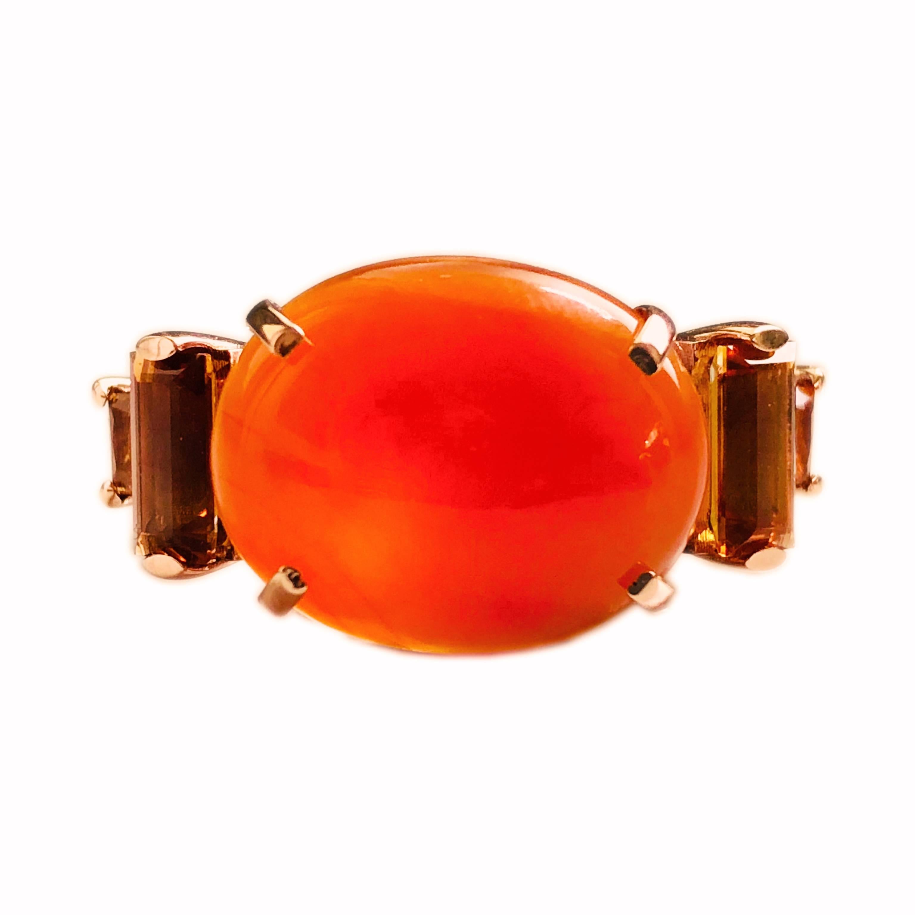 One-of-a-Kind 15 Carat Natural Carnelian Cabochon Citrine Baguette Cocktail Ring In New Condition In Valenza, IT