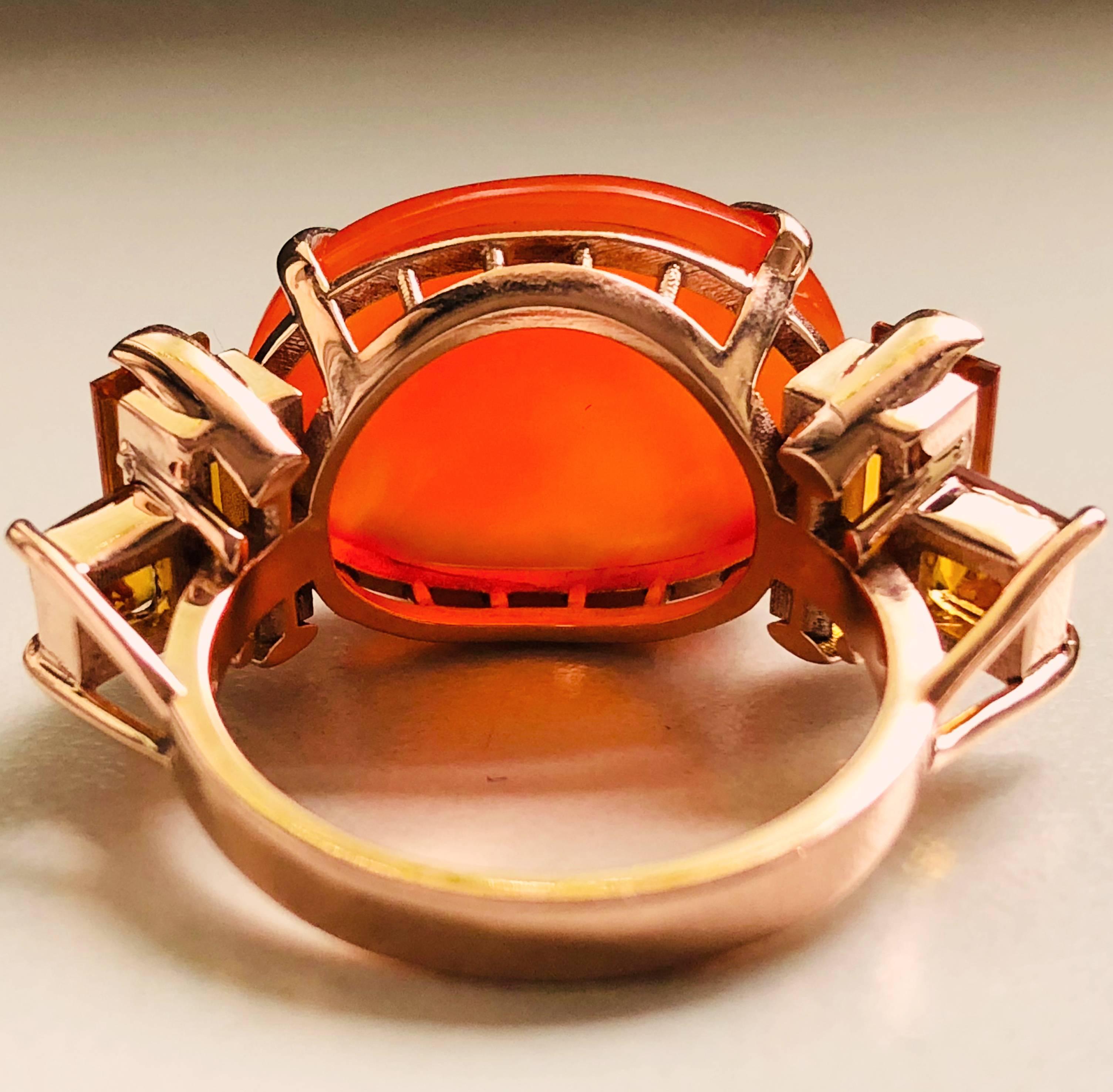 Women's One-of-a-Kind 15 Carat Natural Carnelian Cabochon Citrine Baguette Cocktail Ring