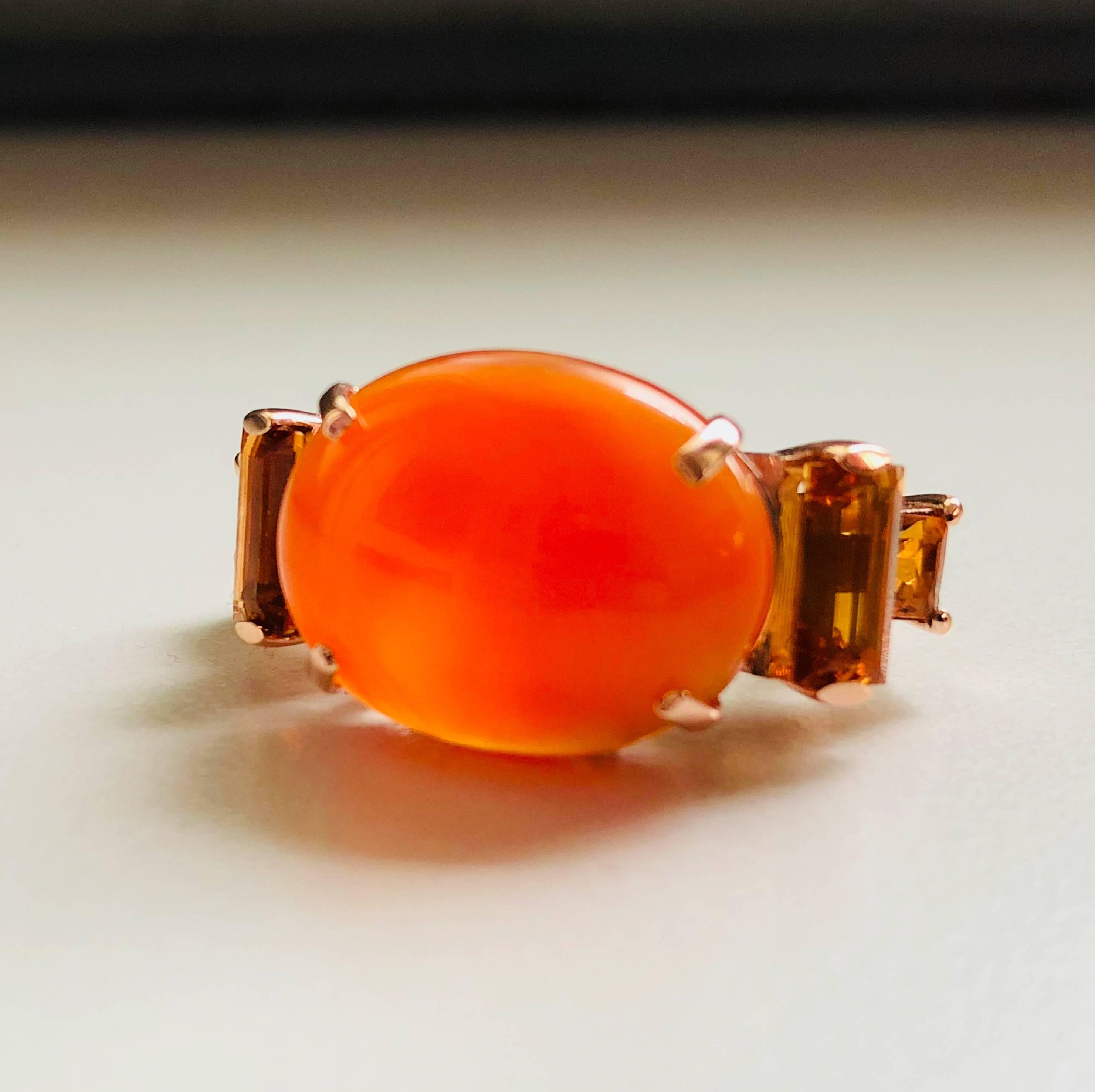 One-of-a-Kind 15 Carat Natural Carnelian Cabochon Citrine Baguette Cocktail Ring 1