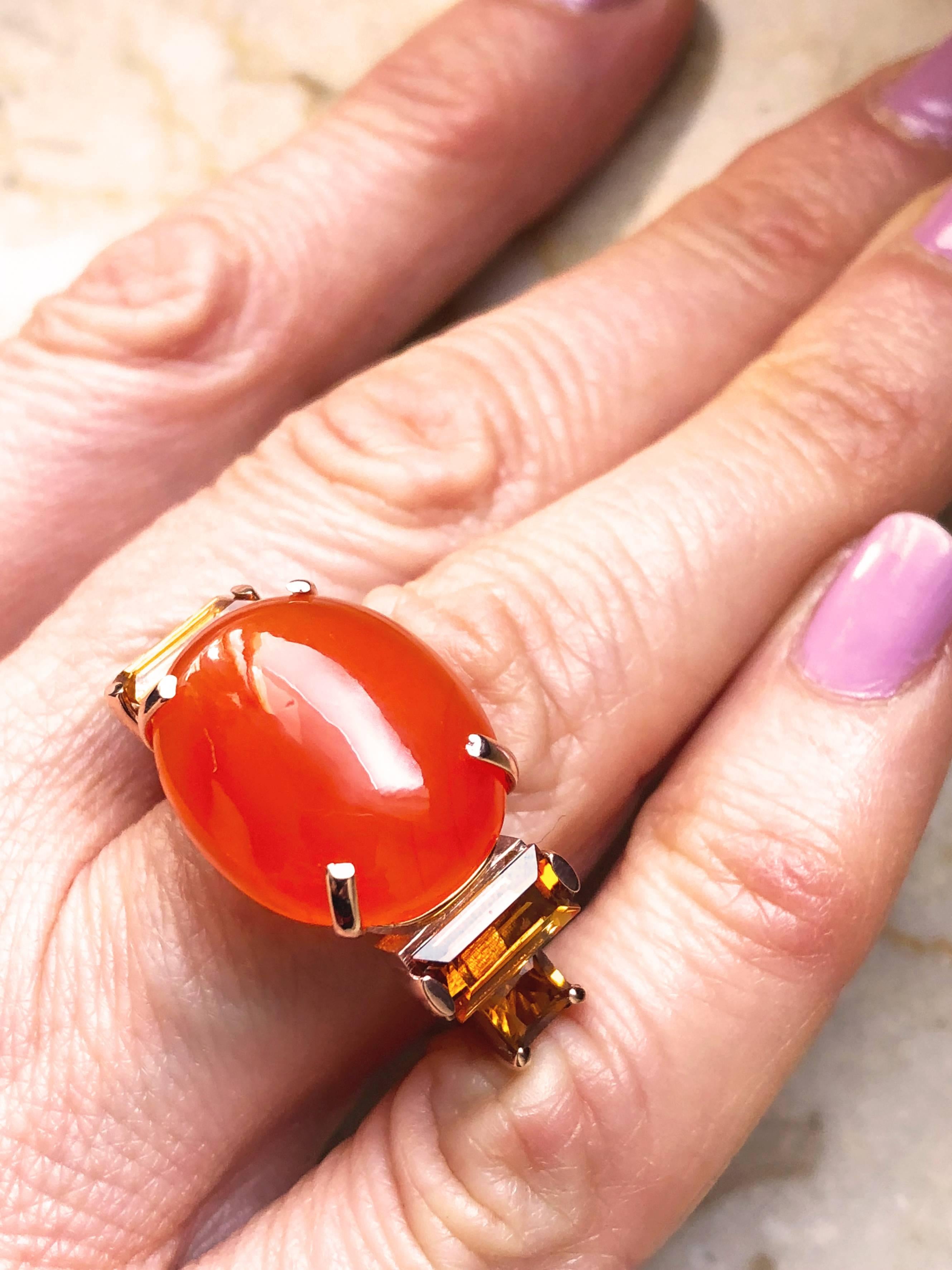 One-of-a-Kind 15 Carat Natural Carnelian Cabochon Citrine Baguette Cocktail Ring 2