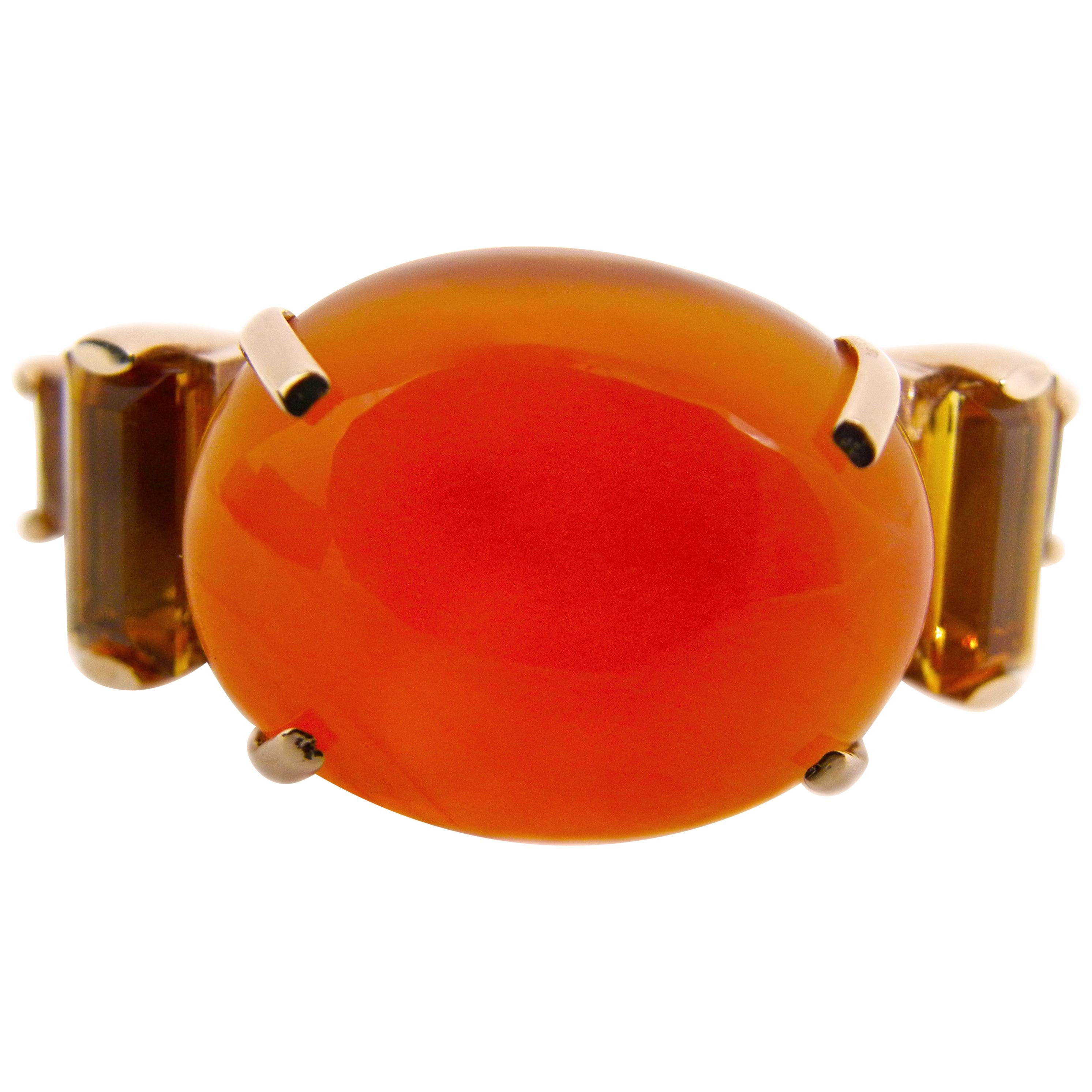 One-of-a-Kind 15 Carat Natural Carnelian Cabochon Citrine Baguette Cocktail Ring