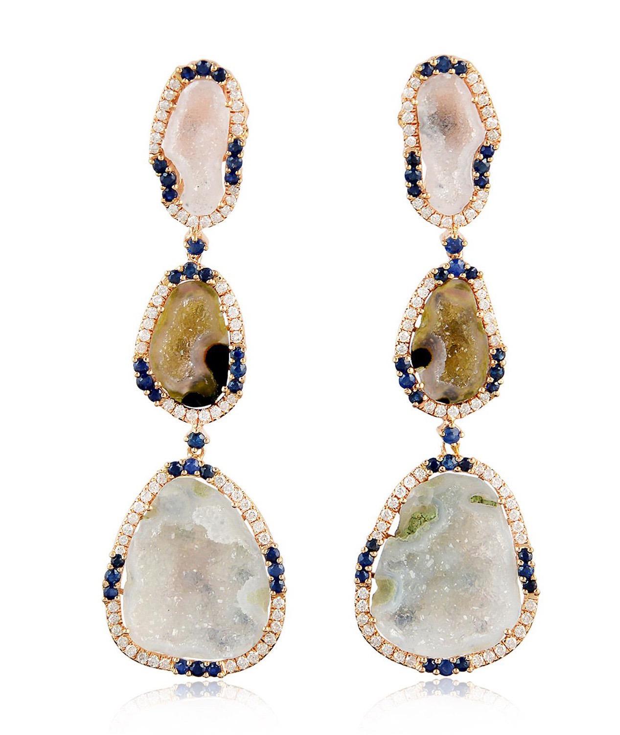 Mixed Cut One of a kind 17.32 Carat Geode 18 Karat Gold Diamond Earrings For Sale