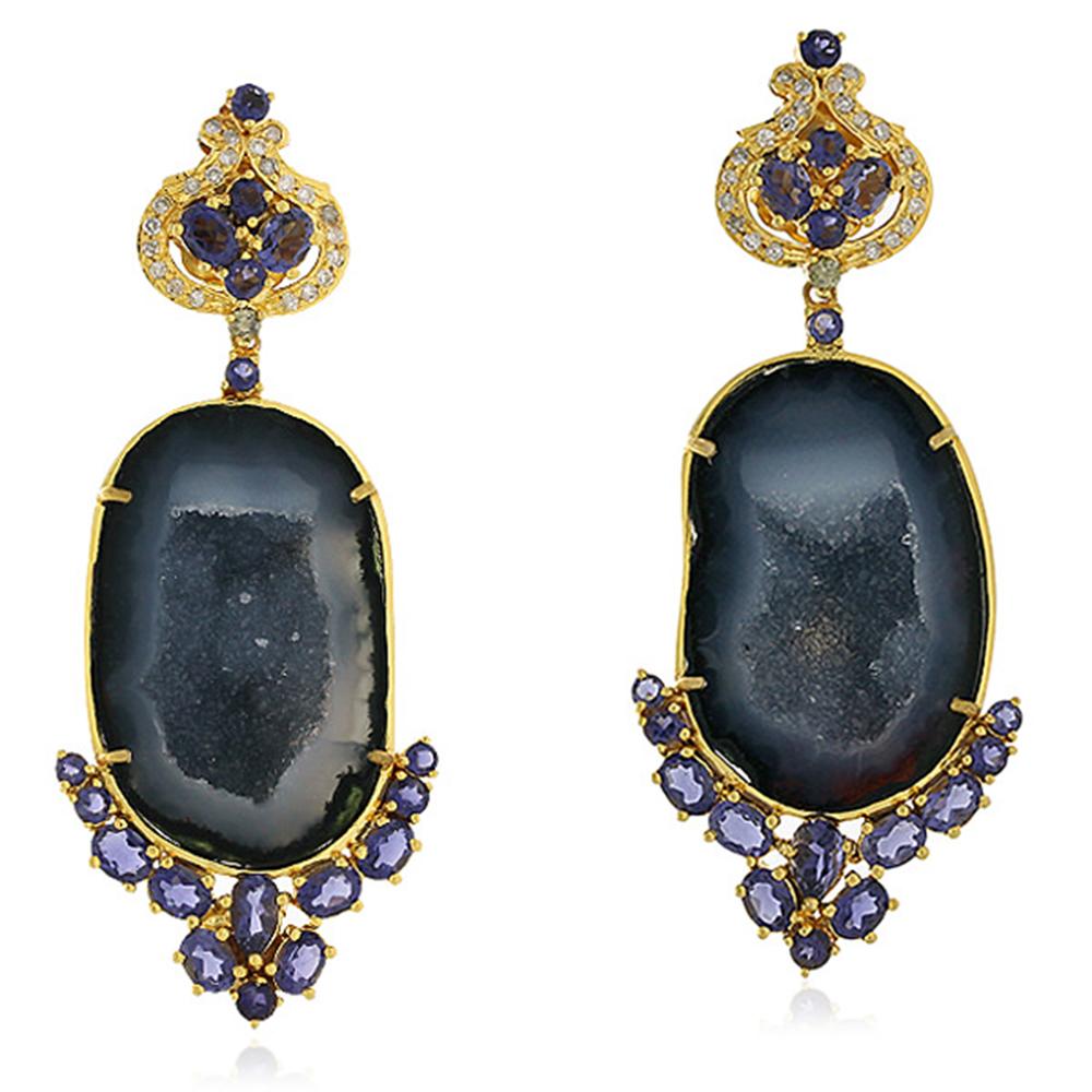 Mixed Cut One of a Kind 18 Karat Gold Geode Diamond Iolite Earrings For Sale