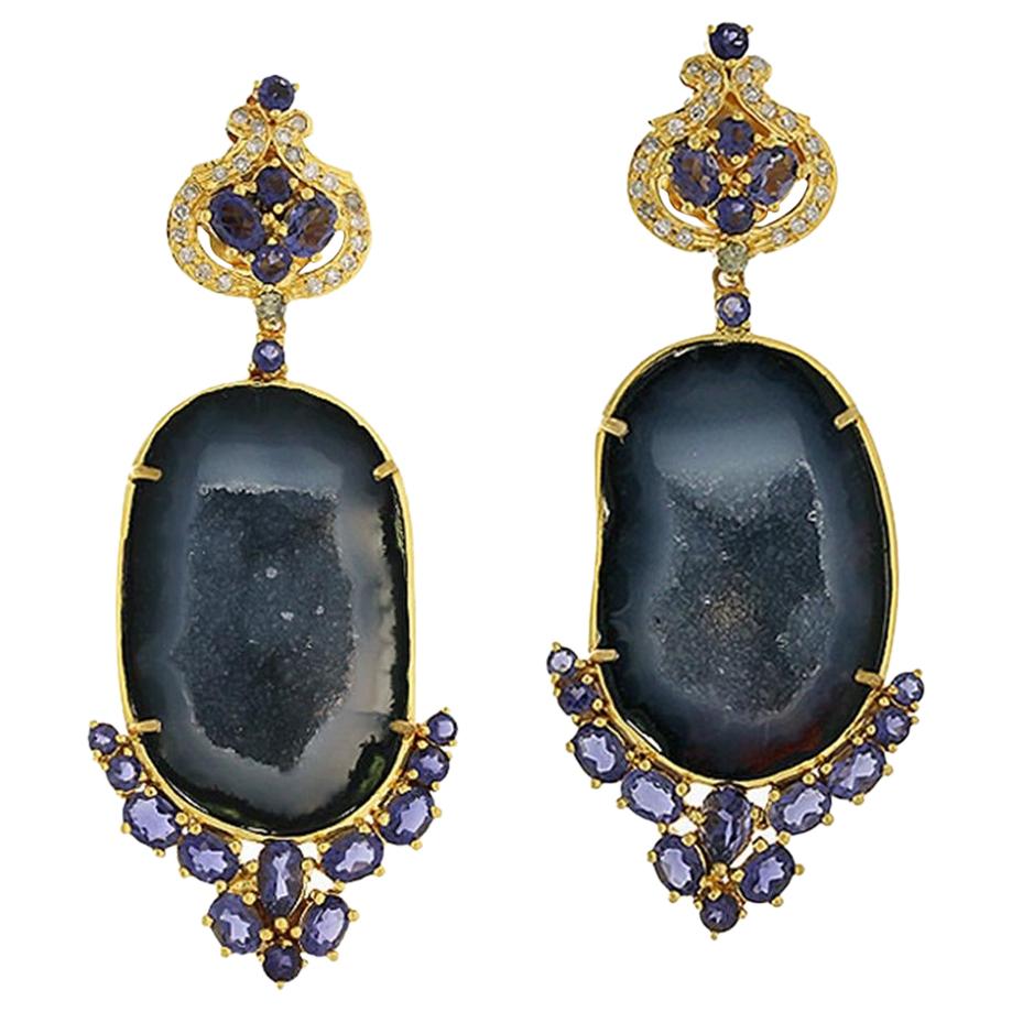 One of a Kind 18 Karat Gold Geode Diamond Iolite Earrings