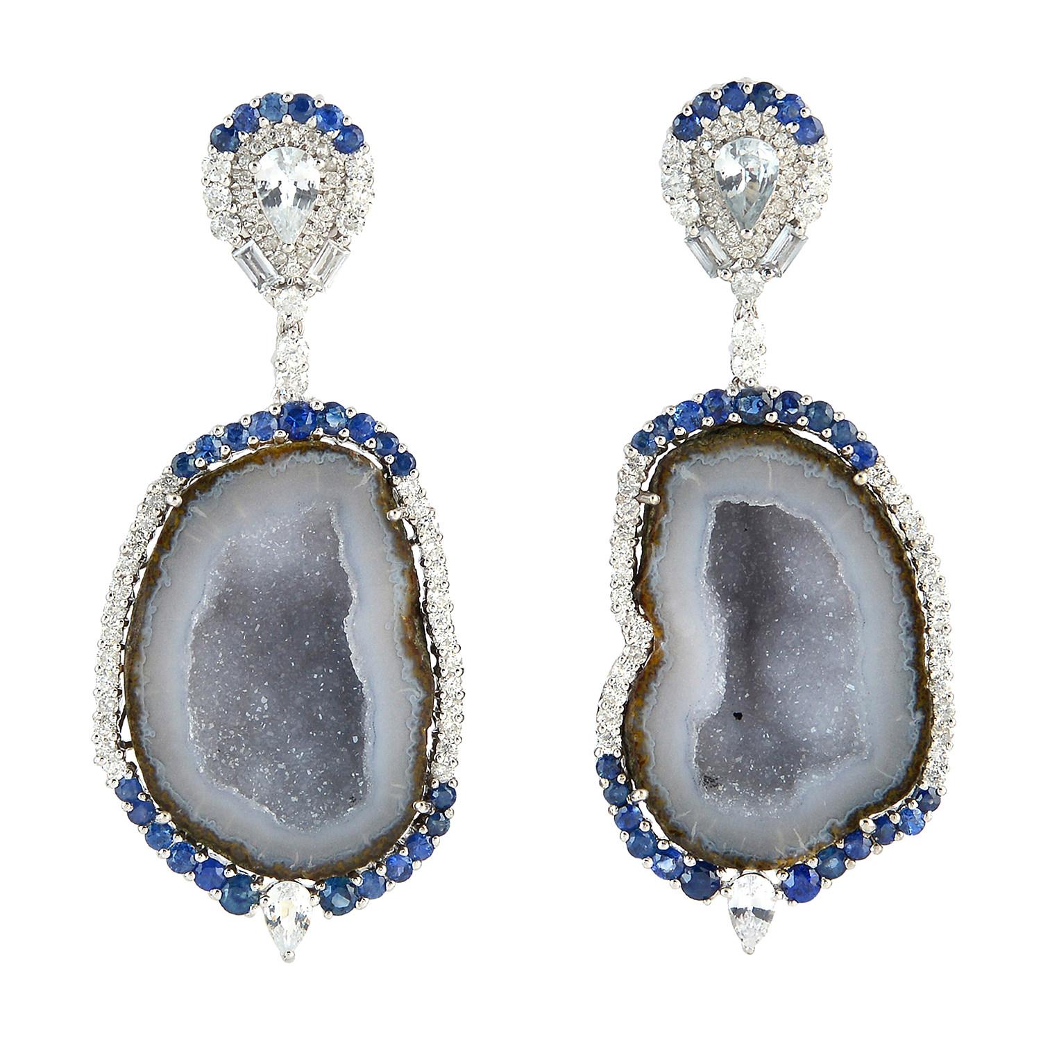 Contemporary One of a Kind 18 Karat Gold Geode Diamond Sapphire Earrings For Sale