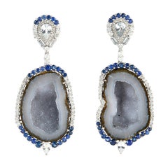 One of a Kind 18 Karat Gold Geode Diamond Sapphire Earrings