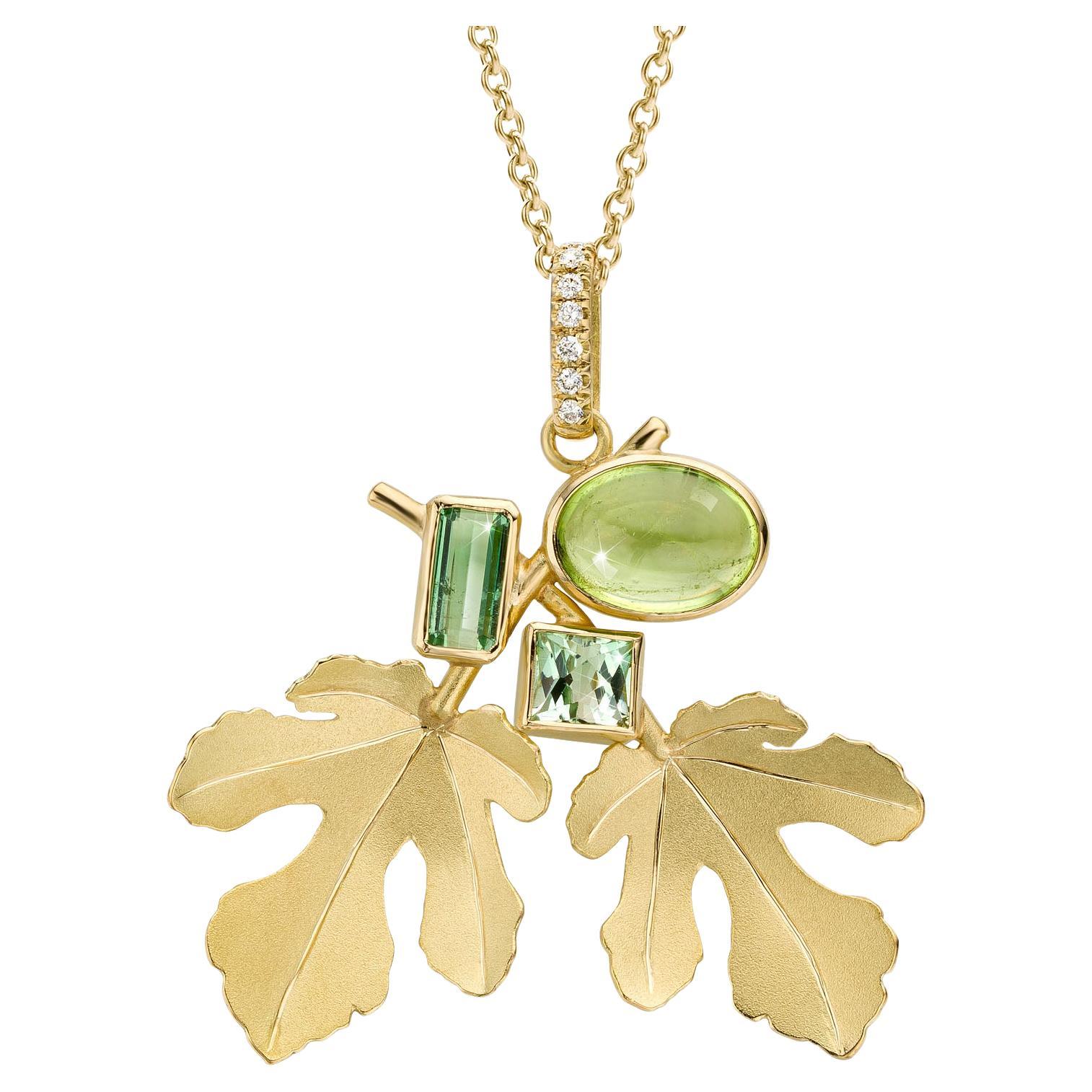 one of a kind - 18 karat gold - Tourmaline Diamond - fig leaf pendant For Sale