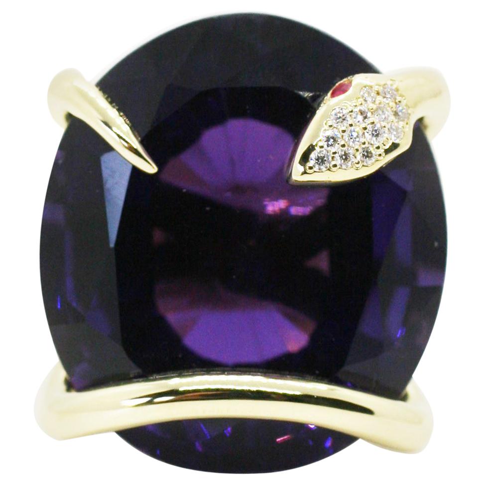 One of A Kind 18 Karat Natural Amethyst Diamond Climbing Snake Ring  For Sale