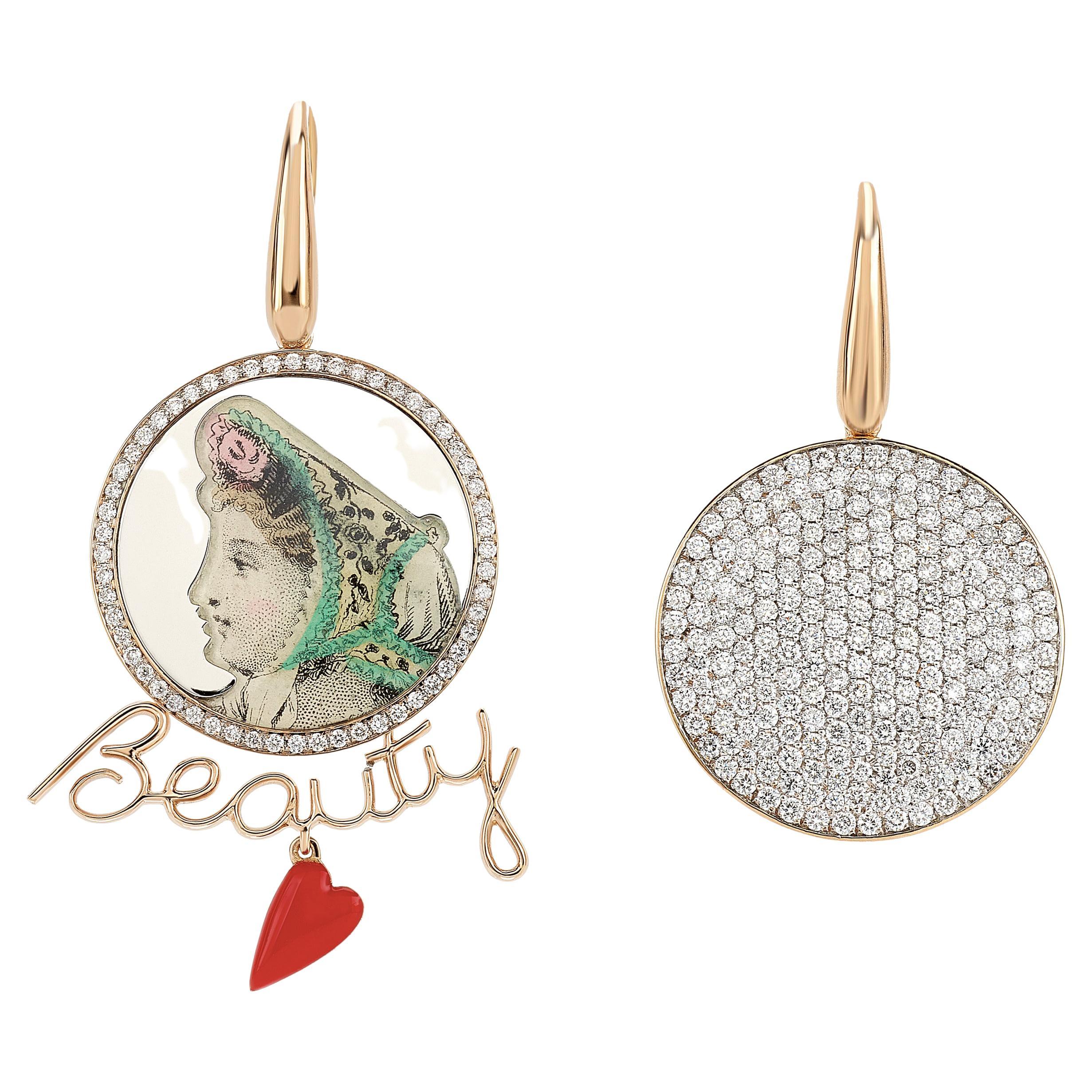 Francesca Villa's 18k Rose Gold Diamond Enamel Beauty in the Mirror Earrings For Sale
