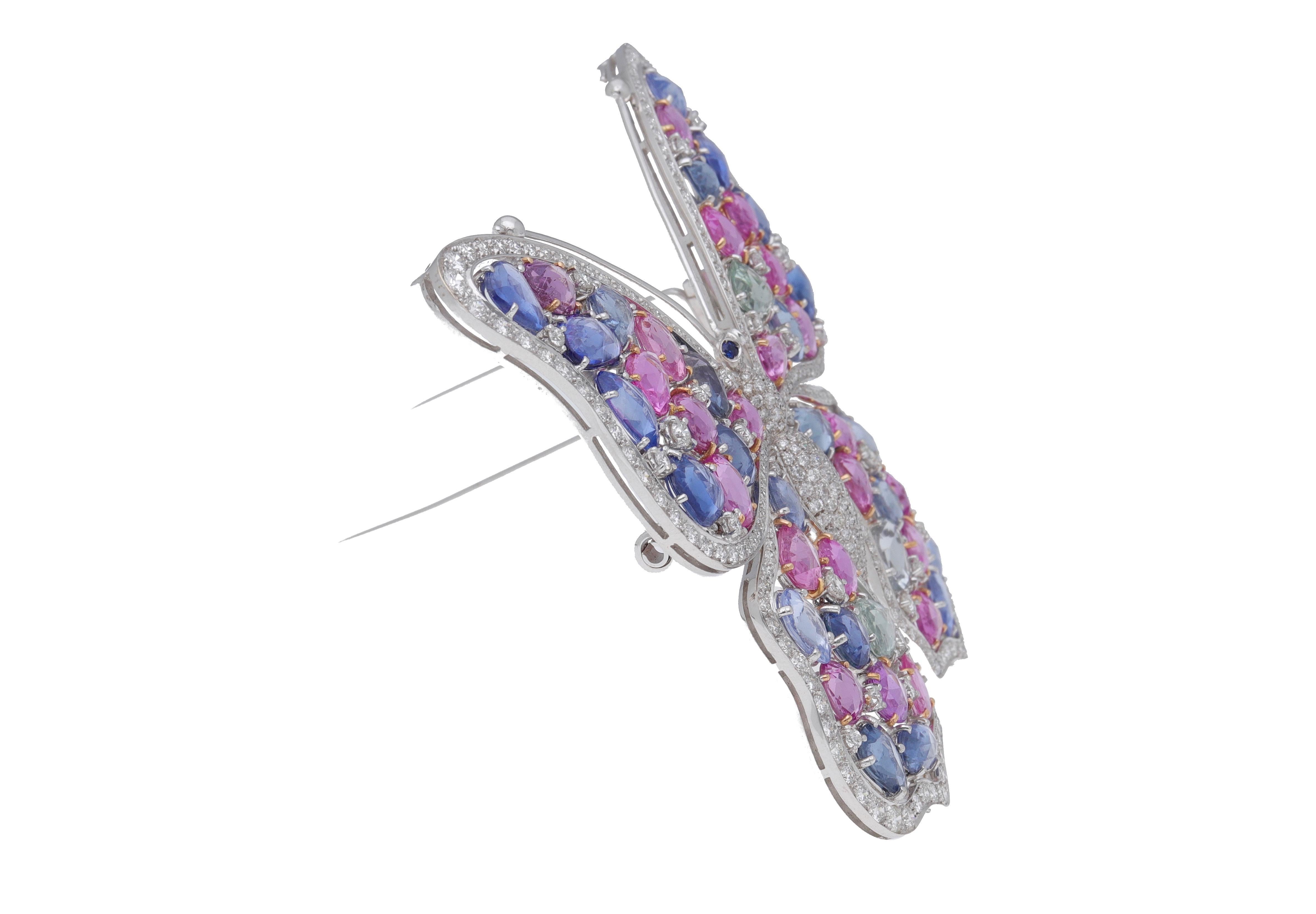 Round Cut One of a Kind 18 Karat White Gold Diamonds Blue Pink Sapphires Butterfly Brooch For Sale