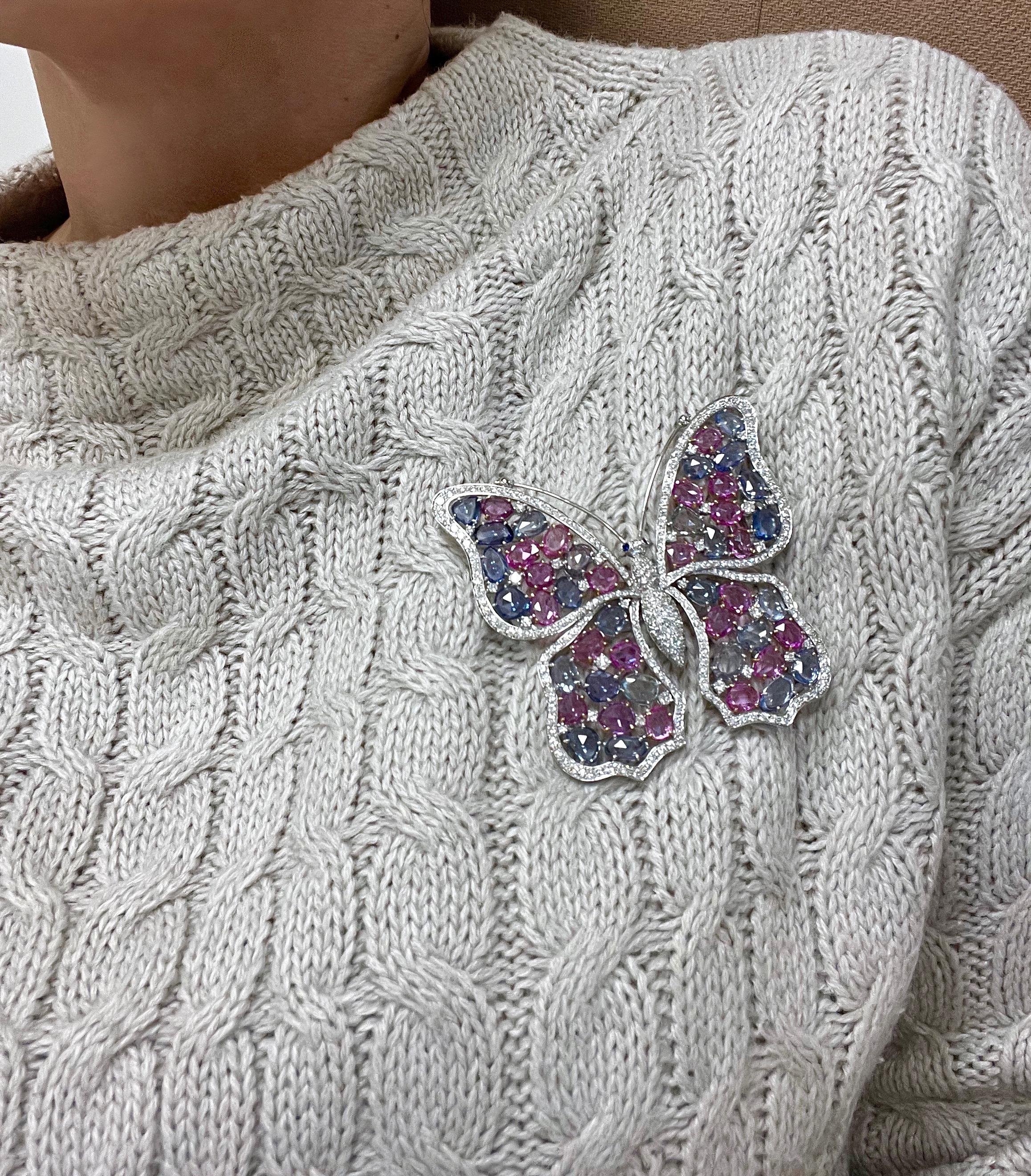 Women's One of a Kind 18 Karat White Gold Diamonds Blue Pink Sapphires Butterfly Brooch For Sale