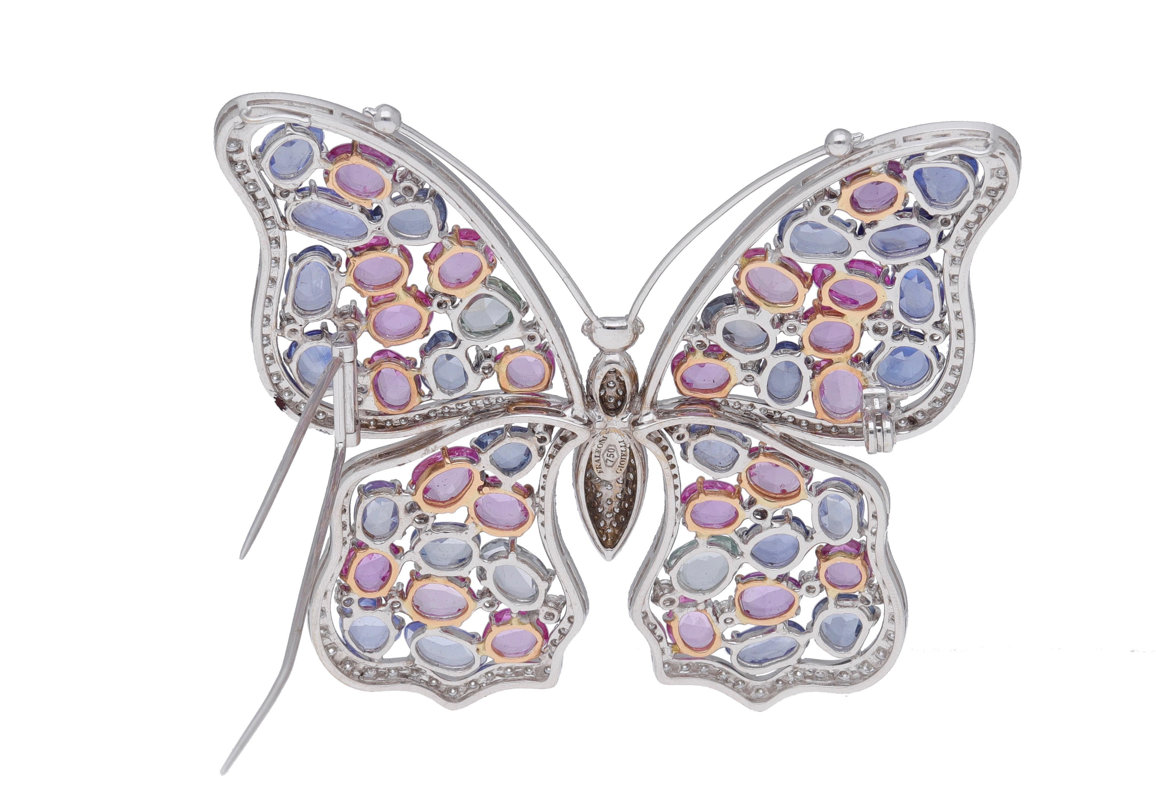 One of a Kind 18 Karat White Gold Diamonds Blue Pink Sapphires Butterfly Brooch For Sale 1