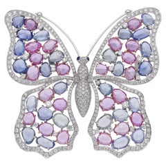 One of a Kind 18 Karat White Gold Diamonds Blue Pink Sapphires Butterfly Brooch
