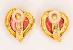 One of a Kind 18 Karat Yellow Gold Heart Shape Coral & Diamond Clip on Earrings
