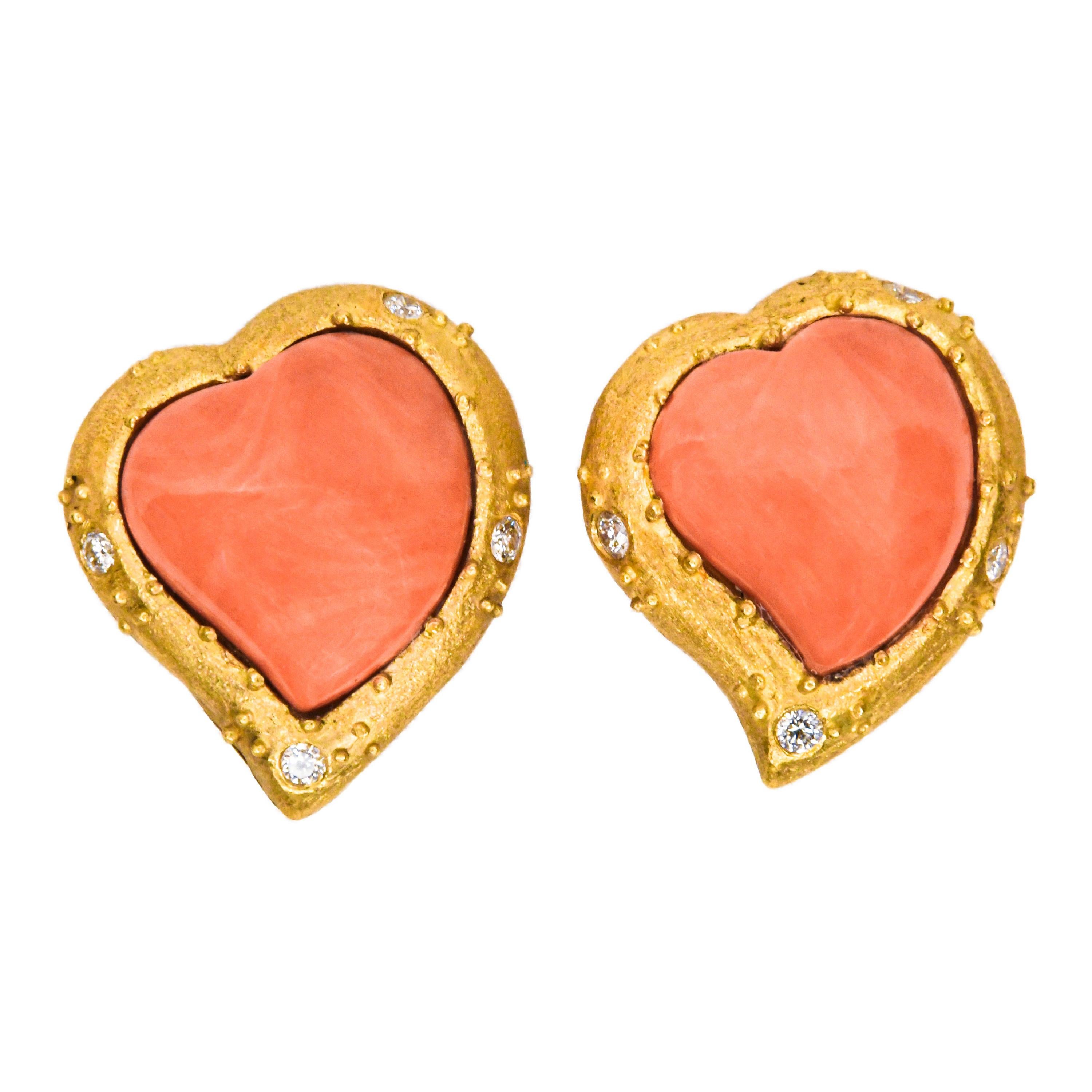 One of a Kind 18 Karat Yellow Gold Heart Shape Coral & Diamond Clip on Earrings For Sale