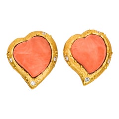 One of a Kind 18 Karat Yellow Gold Heart Shape Coral & Diamond Clip on Earrings
