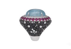 One of a Kind 18 Karat White Gold Black Diamonds Rubies Aquamarine Cocktail Ring