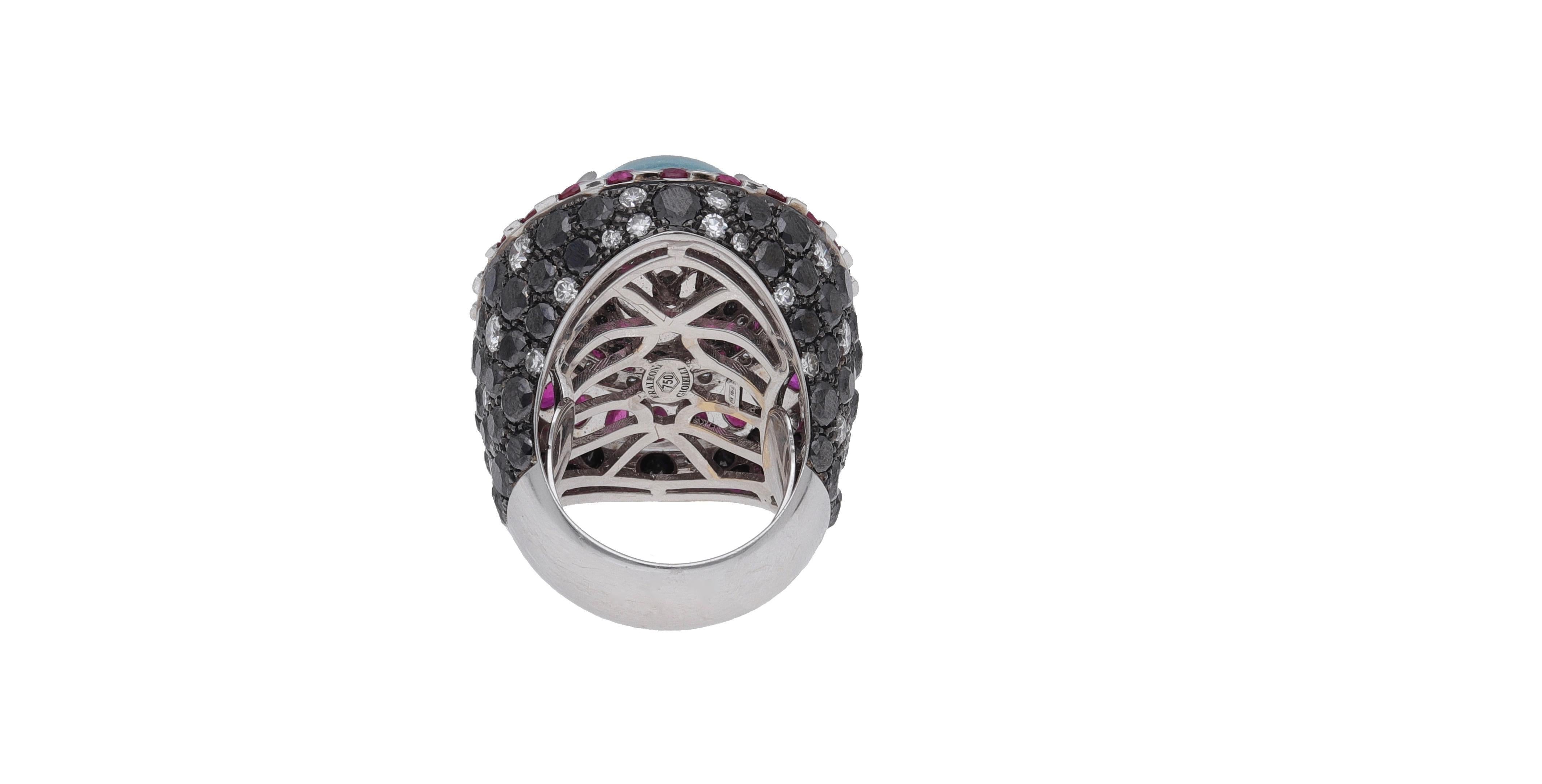 Round Cut One of a Kind 18 Karat White Gold Black Diamonds Rubies Aquamarine Cocktail Ring For Sale