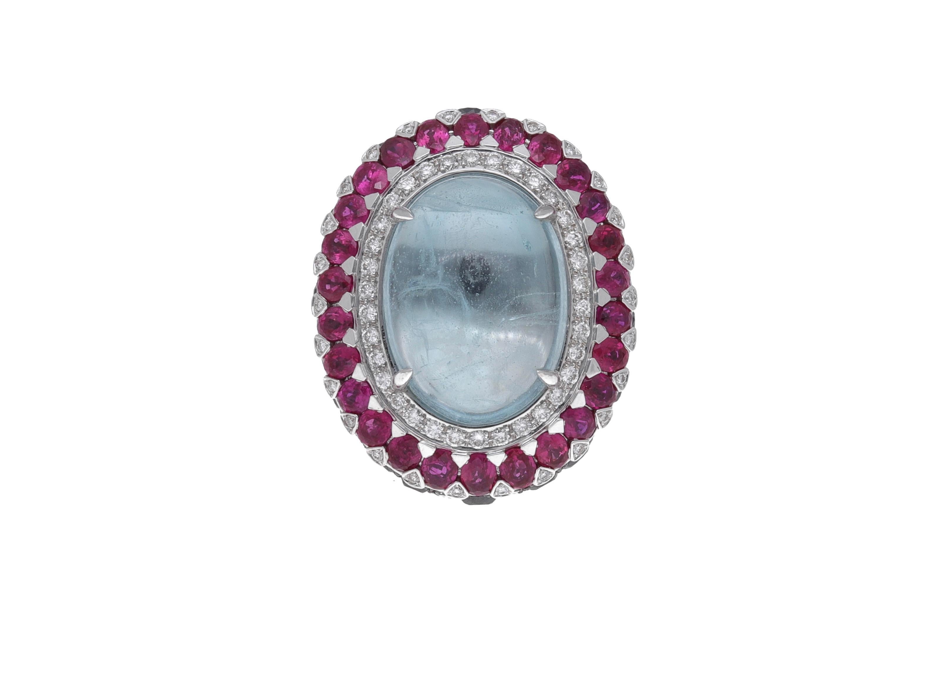 One of a Kind 18 Karat White Gold Black Diamonds Rubies Aquamarine Cocktail Ring In New Condition For Sale In Rome, IT