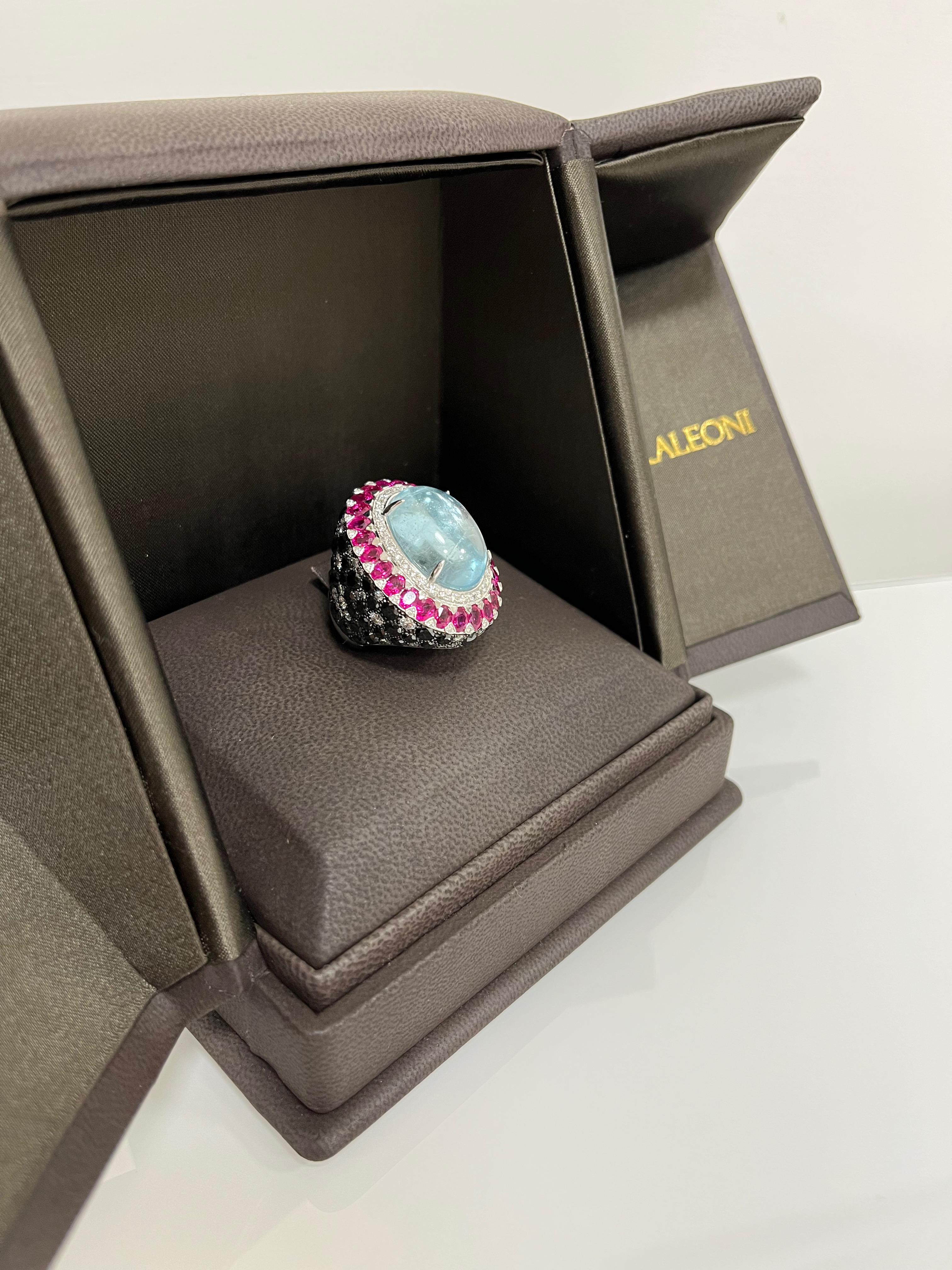 Women's One of a Kind 18 Karat White Gold Black Diamonds Rubies Aquamarine Cocktail Ring For Sale