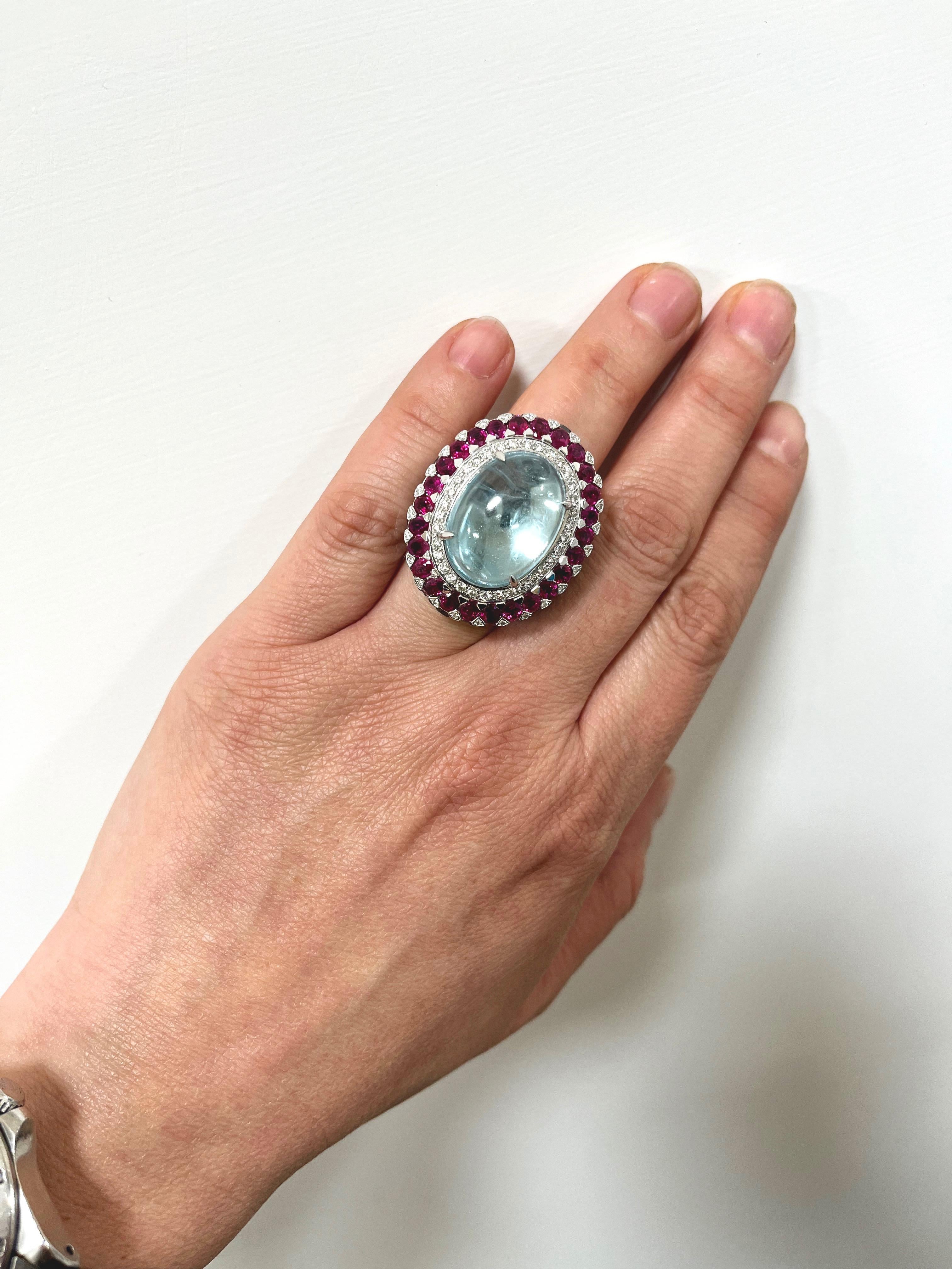 One of a Kind 18 Karat White Gold Black Diamonds Rubies Aquamarine Cocktail Ring For Sale 3