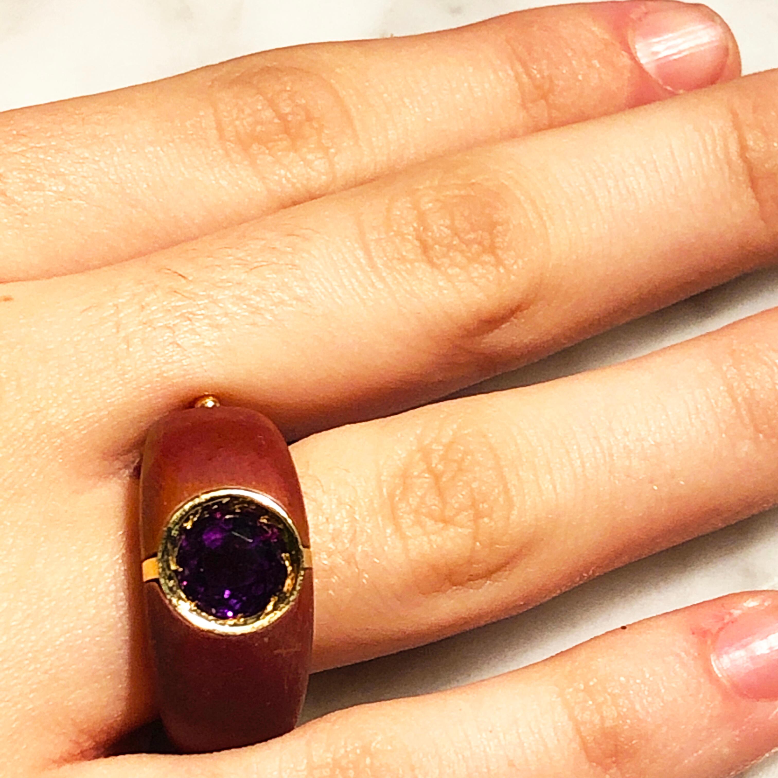 Round Cut Berca One of a Kind 1.83Kt Natural Amethyst Red Oxidized Brass Gold Ring