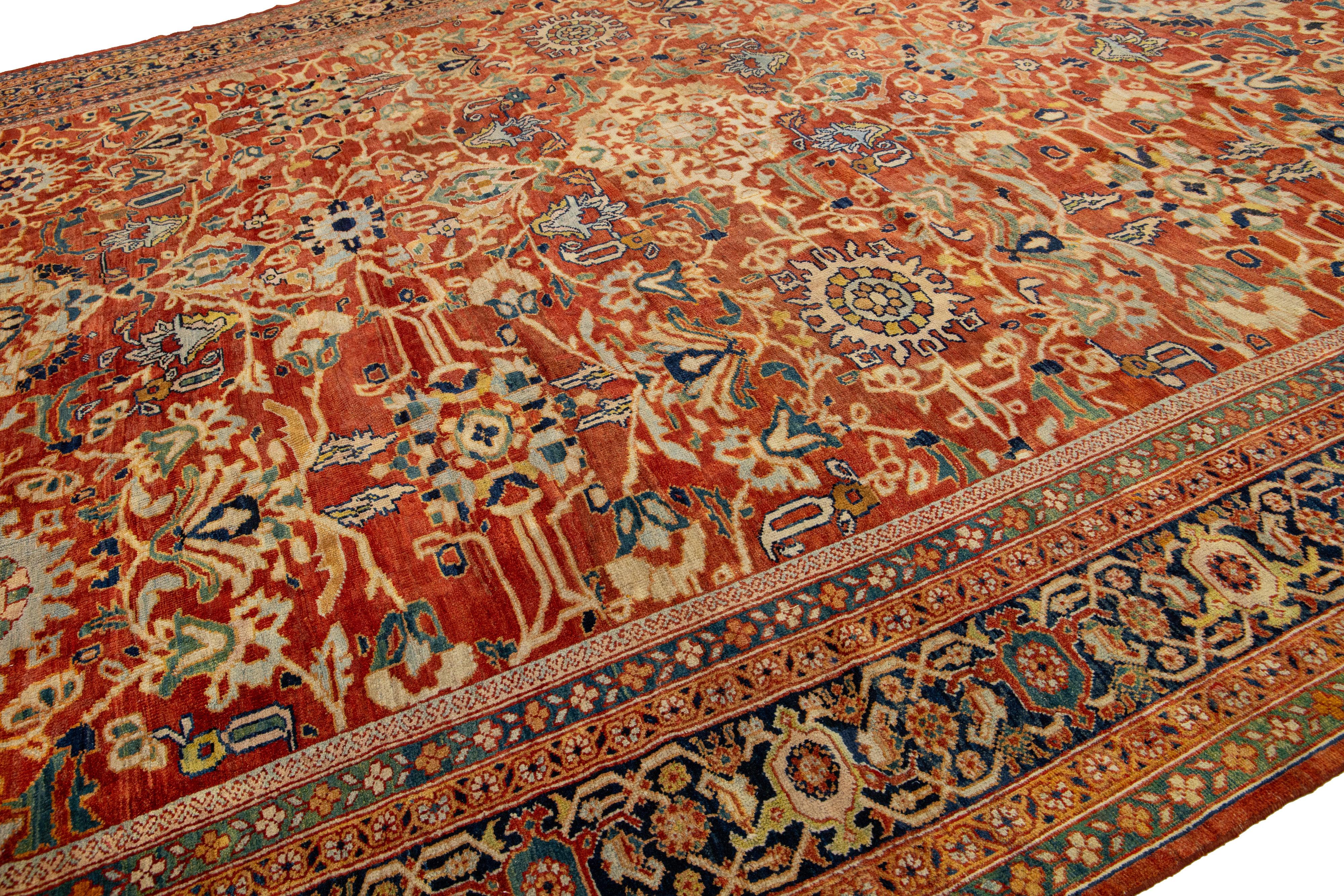 Hand-Knotted One of a Kind 1880's Antique Persian Sultanabad Allover Wool Rug In Rust Color  For Sale