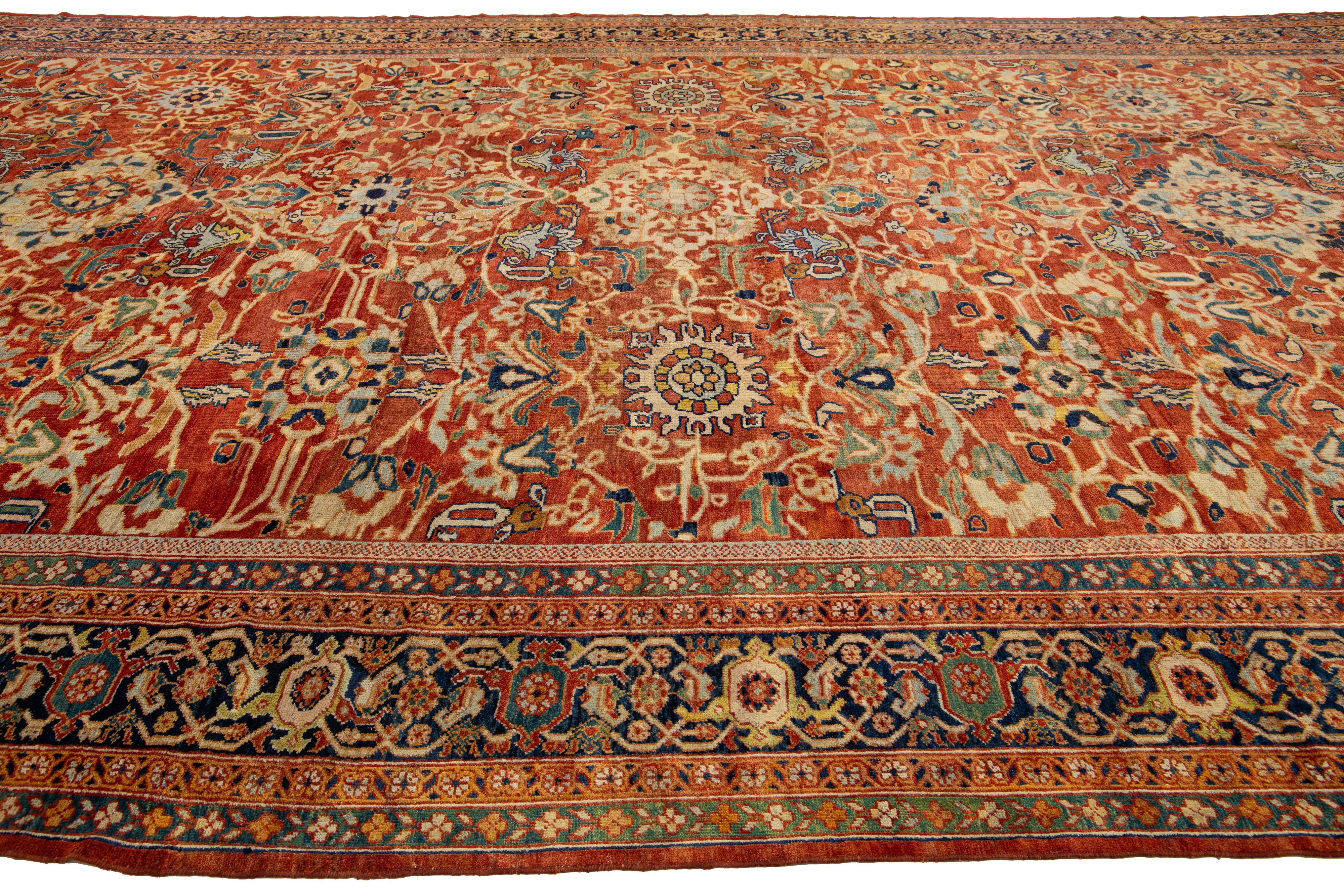 One of a Kind 1880's Antique Persian Sultanabad Allover Wool Rug In Rust Color  In Excellent Condition For Sale In Norwalk, CT