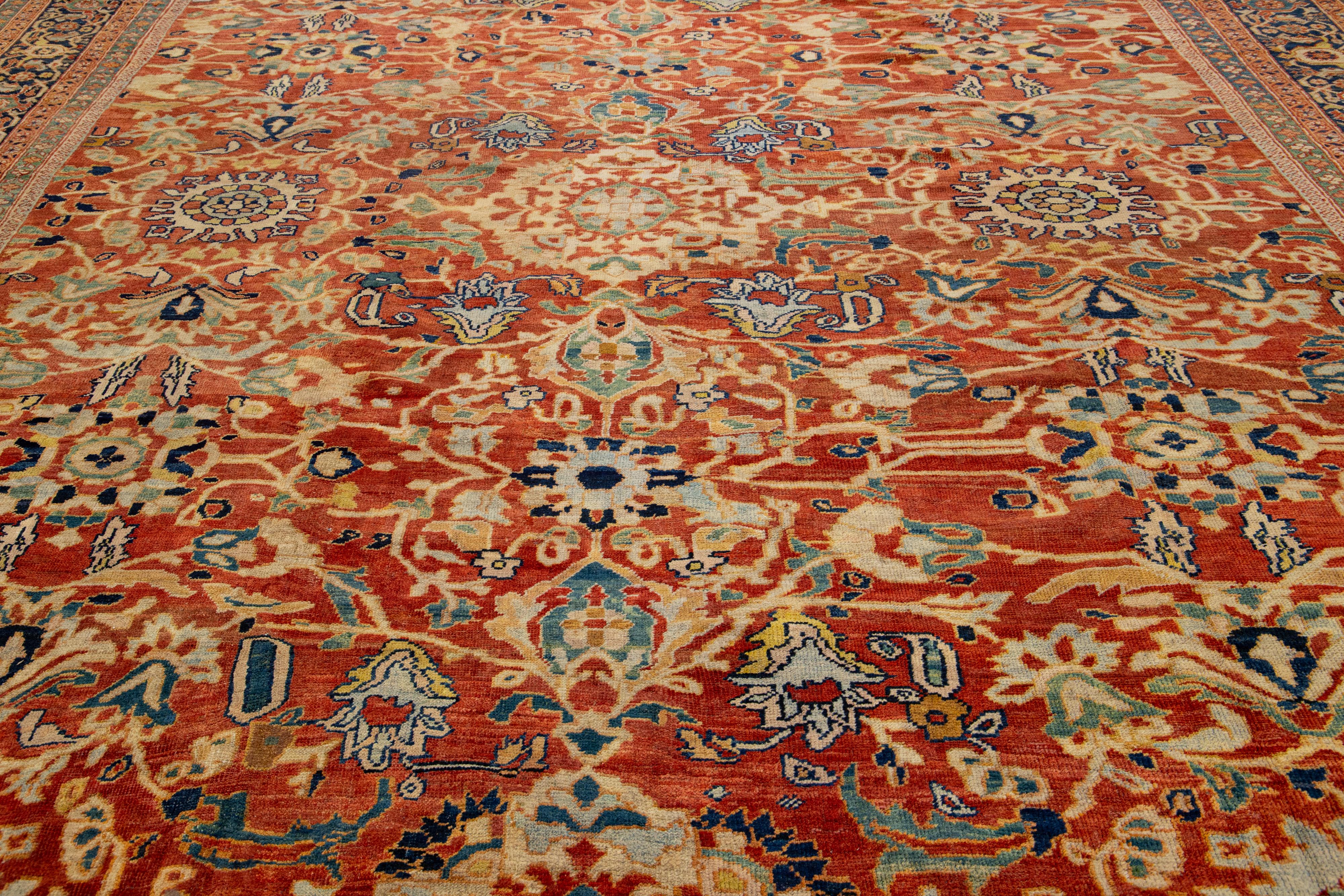 One of a Kind 1880's Antique Persian Sultanabad Allover Wool Rug In Rust Color  For Sale 1