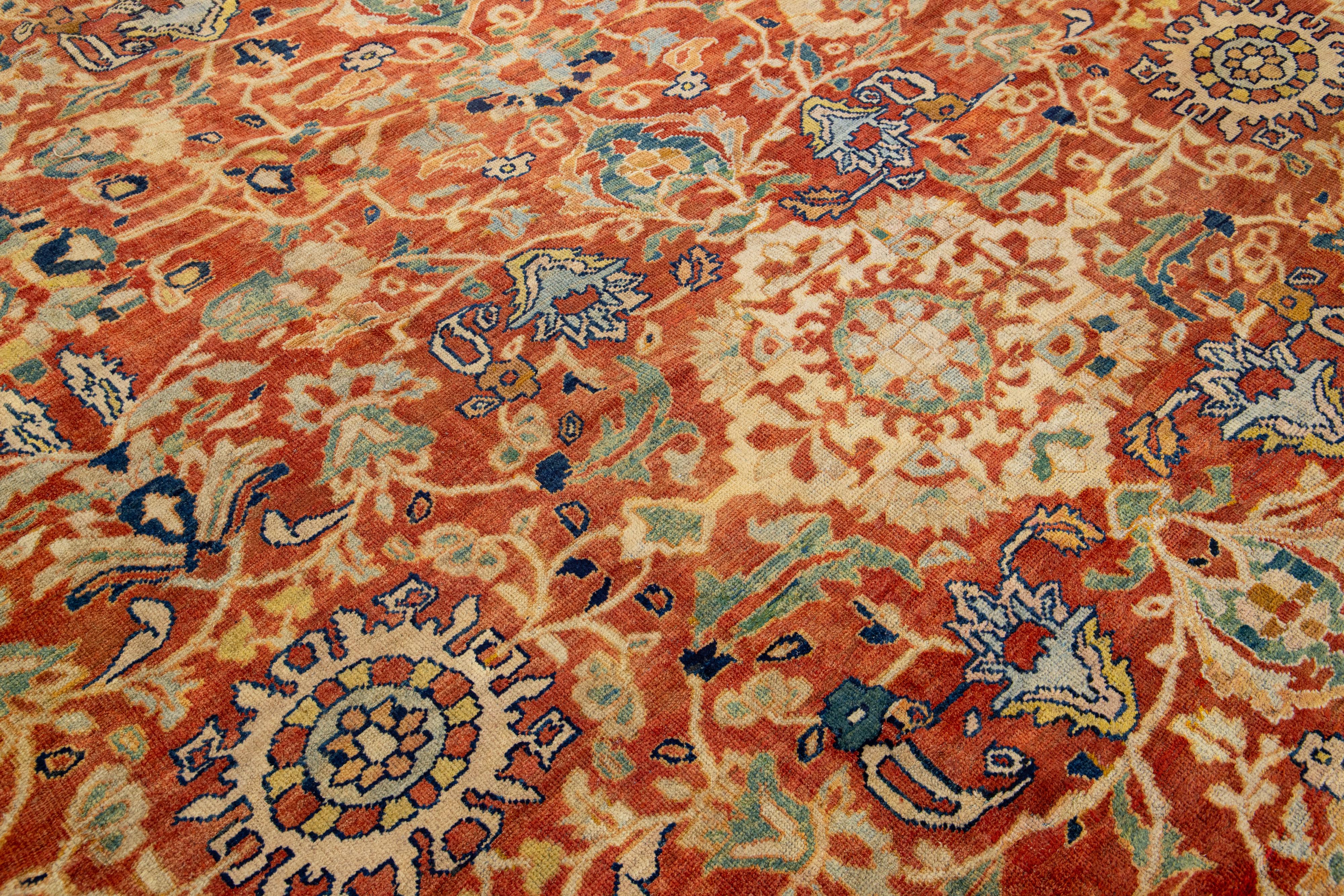 One of a Kind 1880's Antique Persian Sultanabad Allover Wool Rug In Rust Color  For Sale 2