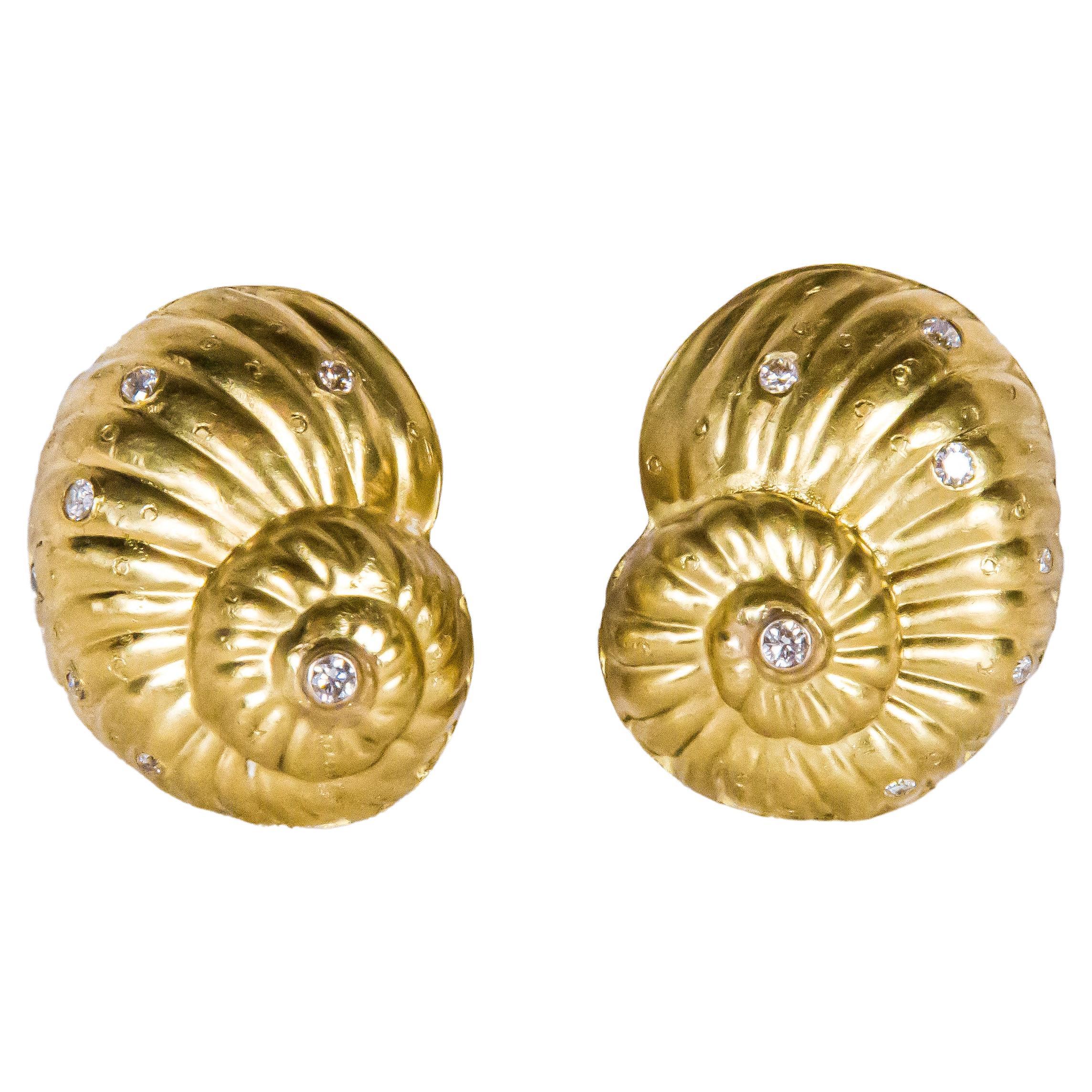 One of a Kind 18K Nautilus Shell Diamond Clip On Earrings by Julia Boss For Sale