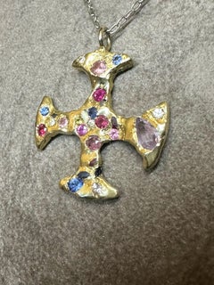 Divine Byzantine Modern 18K Yellow Gold Cross Adorned with Sapphires