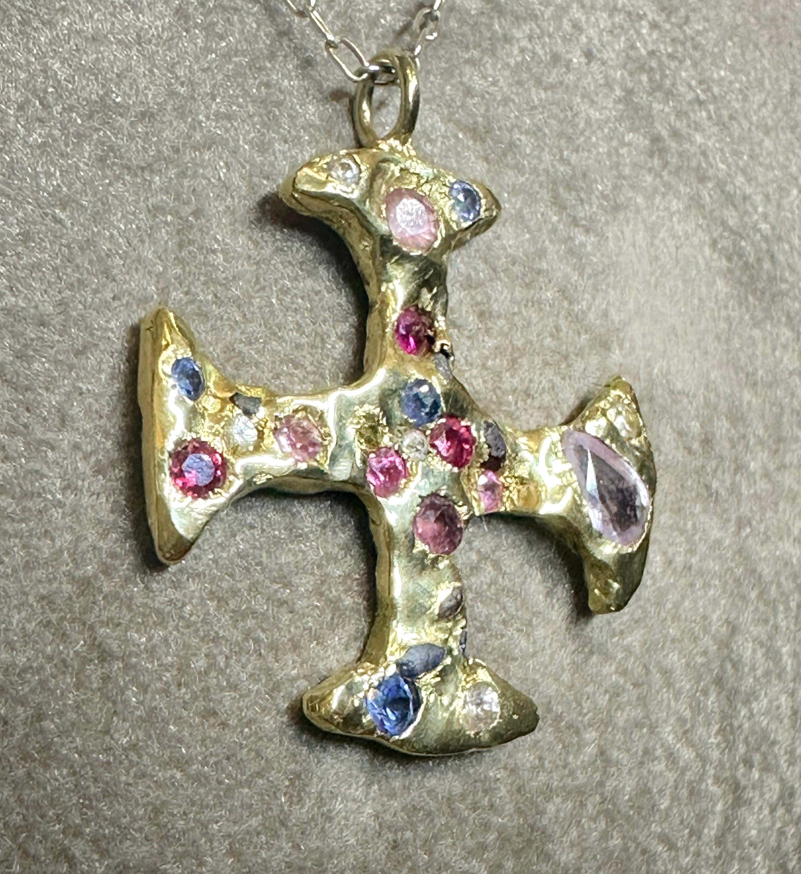 Brilliant Cut Divine Byzantine Modern 18K Yellow Gold Cross Adorned with Sapphires